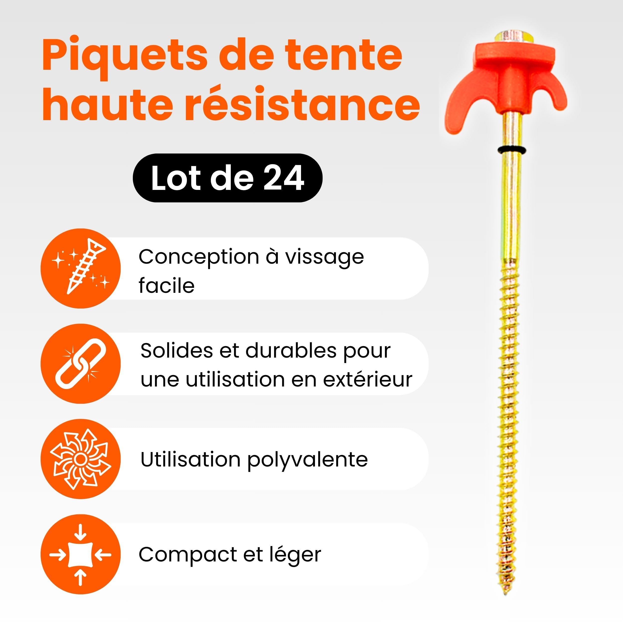 Piquet de Tente- Lot de 24 Piquets de Tente en Metal pour l'Exterieur - Sardine de Fixation Galvanises avec Conception a Vis pour Sol Dur, Embout de Douille pour Perceuse Inclus (20,5cm)