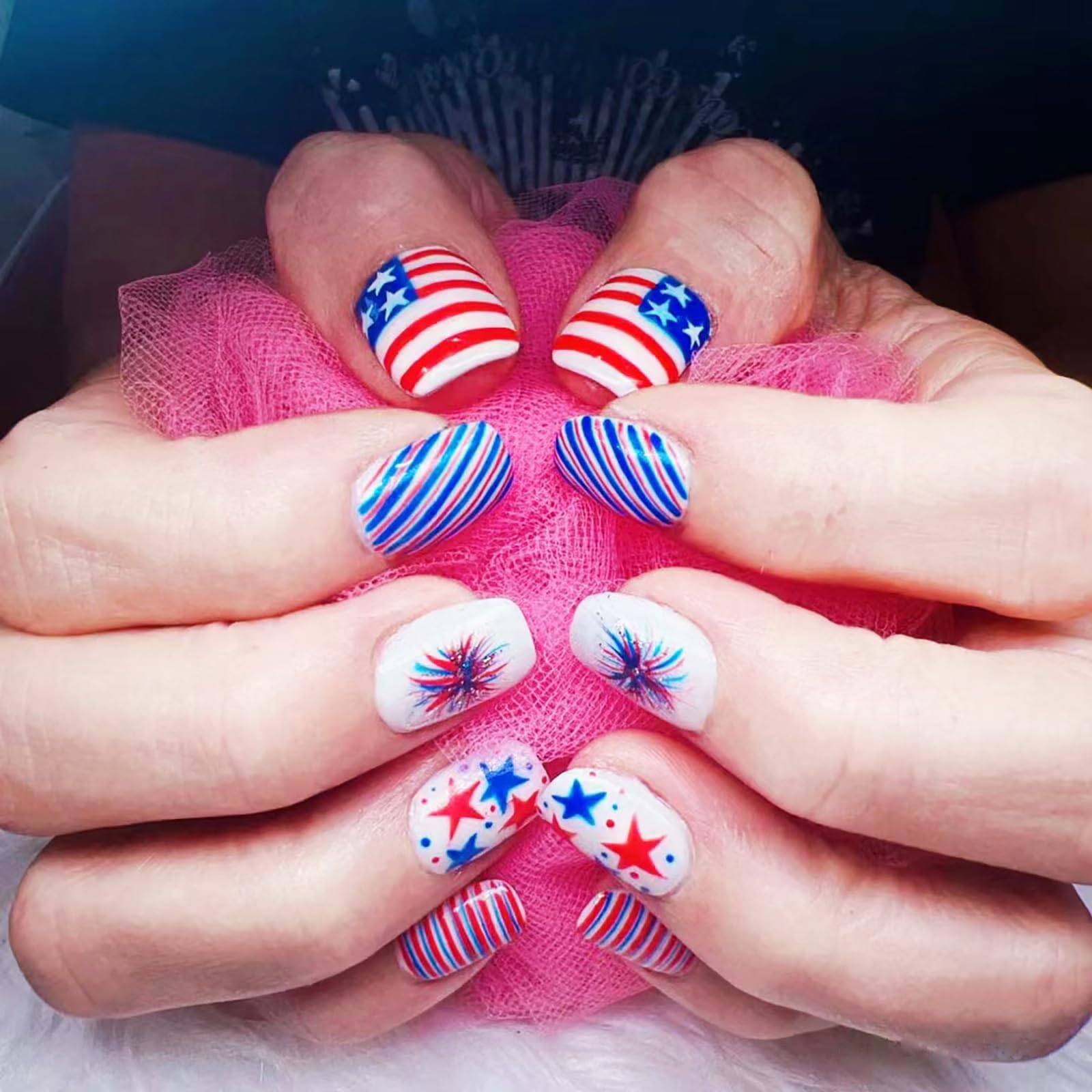 4th of July Fake Nails Short Press on Nails Red Blue White Acrylic Nails with American Flag and Firework Designs Independence Day False Nails Full