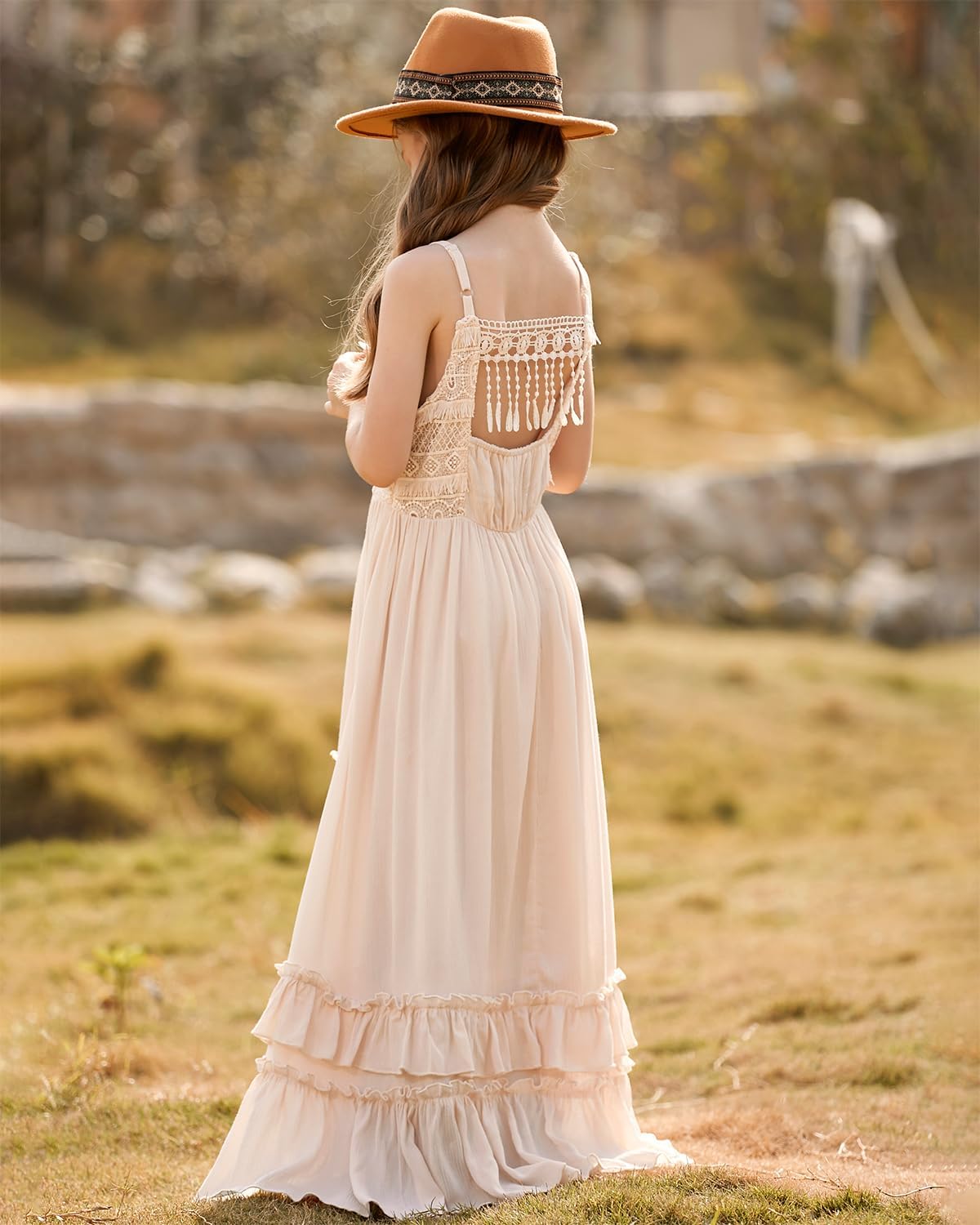 BIBIHOU Girls Kids Lace Backless Boho Holiday Wedding Maxi Flower Girl Dress