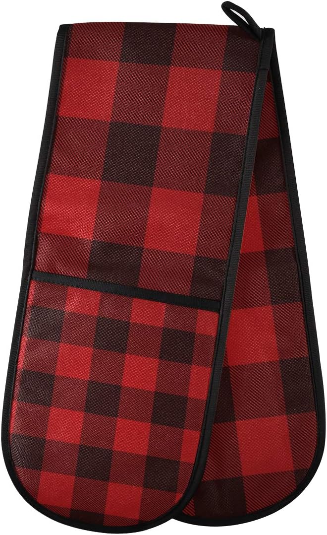 ZZXXB Red and Black Buffalo Plaid Double Oven Mitt Heat Resistant Non-Slip Kitchen Gloves Extra Long 7" x 35" for Cooking Baking Barbecue Grilling