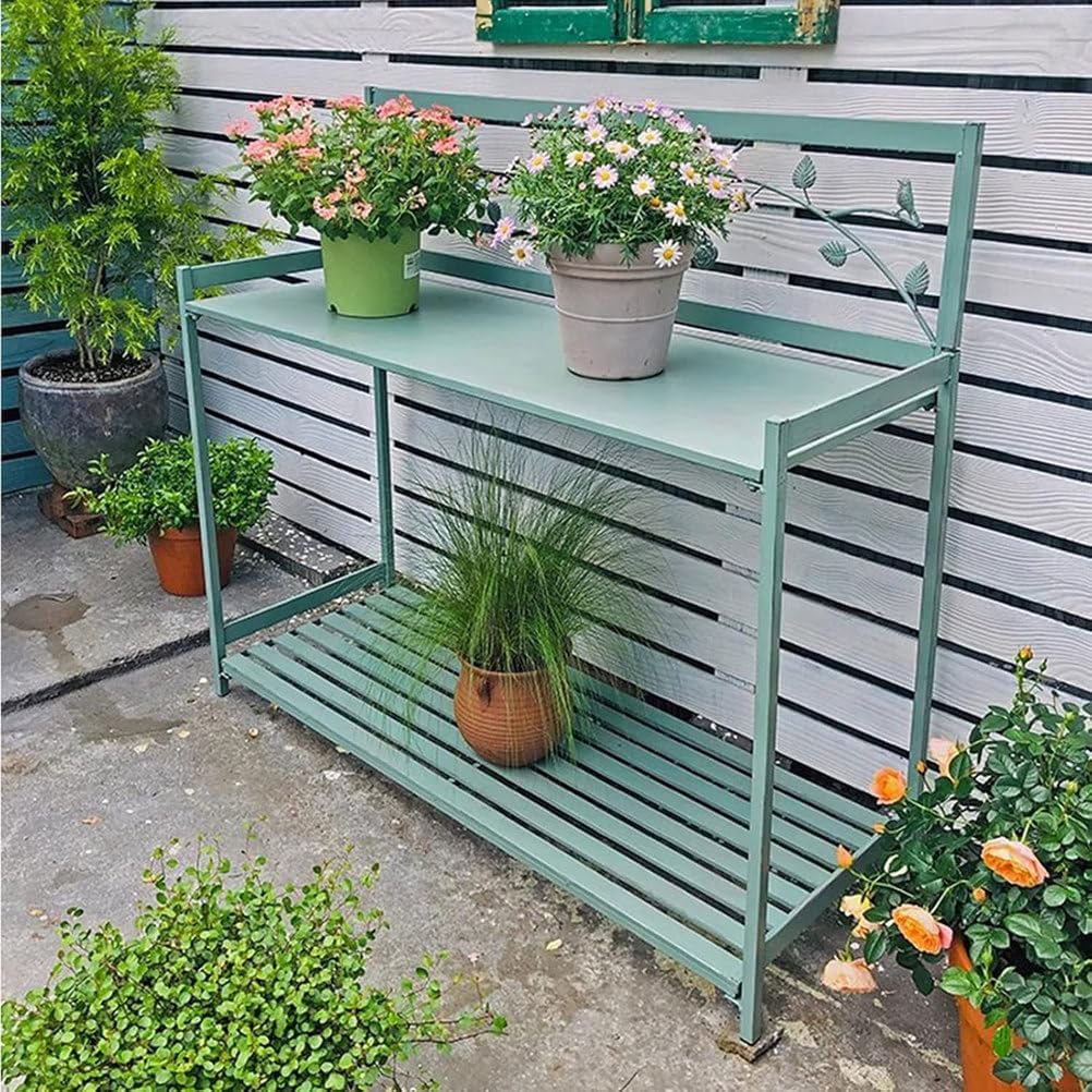 Outdoor Potting Bench with 2- Tier Patio Metal Potting Table Open Shelf, Garden Work Station Table for Planting 126.5x45x115.5cm,White
