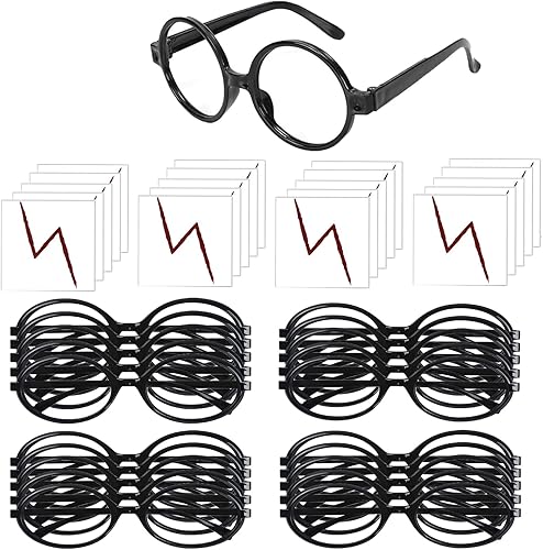 OPENDGO Juego de 20 pares de lentes de mago con marco redondo negro, sin lentes y 20 tatuajes de rayo para vacaciones, día de San Patricio, cosplay,