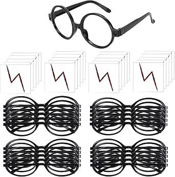 OPENDGO 20 PCS Wizard Glasses Set Black Round Frame No Lenses and 20 PCS Lightning Bolt Tattoos for Holiday St. Patricks Day Cosplay Party Costumes Accessories,Magical Theme Party Decorations