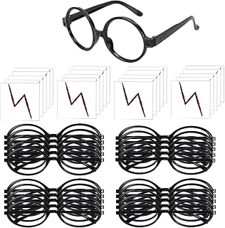 20 PCS Wizard Glasses Set Black Round Frame No Lenses and 20 PCS Lightning Bolt Tattoos for Holiday St. Patrick's Day Cosplay Party Costumes Accessories,Magical Theme Party Decorations