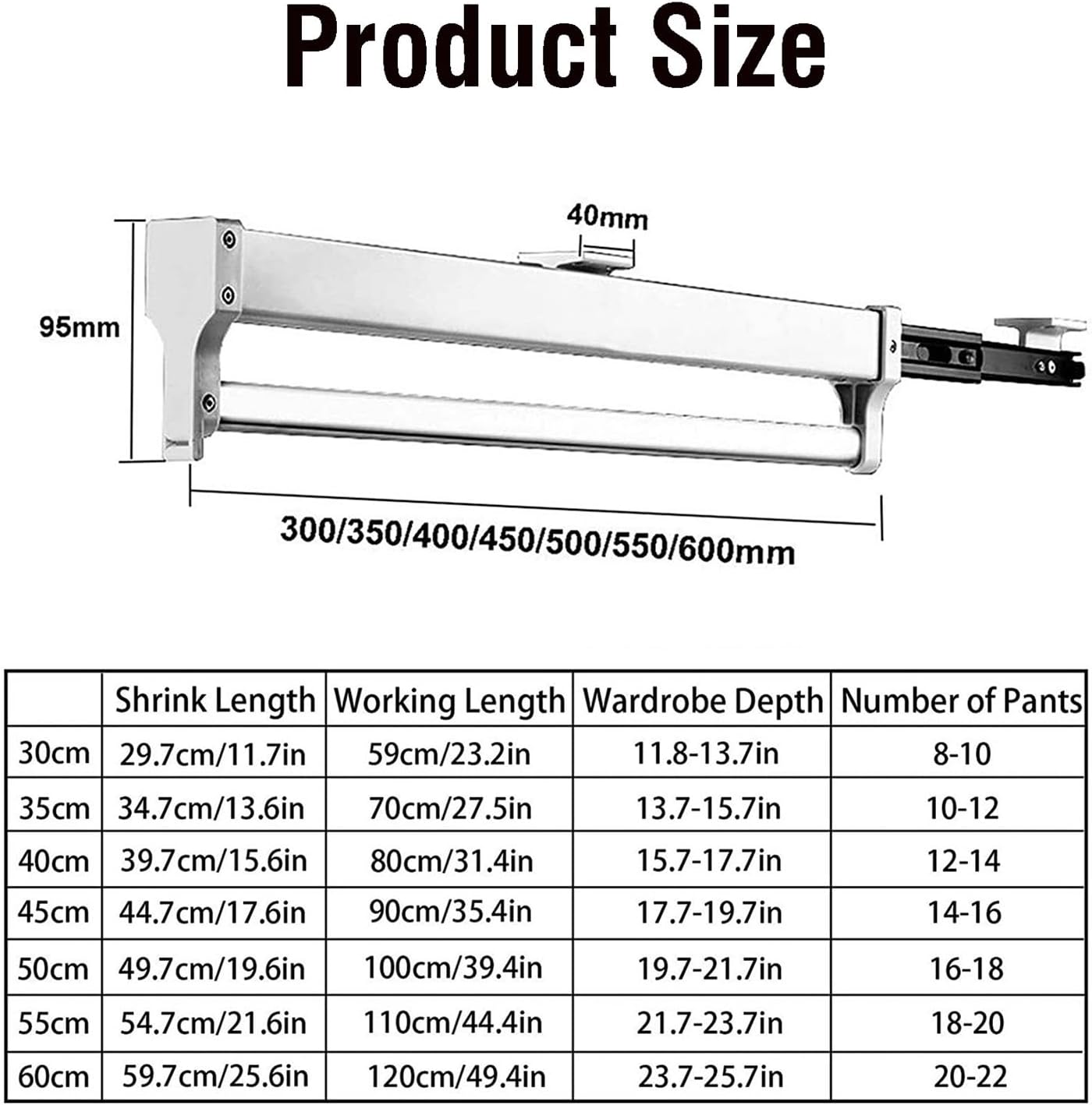 Telescopic Pants Rack, Pull Out Trousers Organizer, Wardrobe Hanger Rail for Clothes Storage, Top Mount Clothing Rack, 25kg Capacity, Size: 400mm/15.7inch image 2