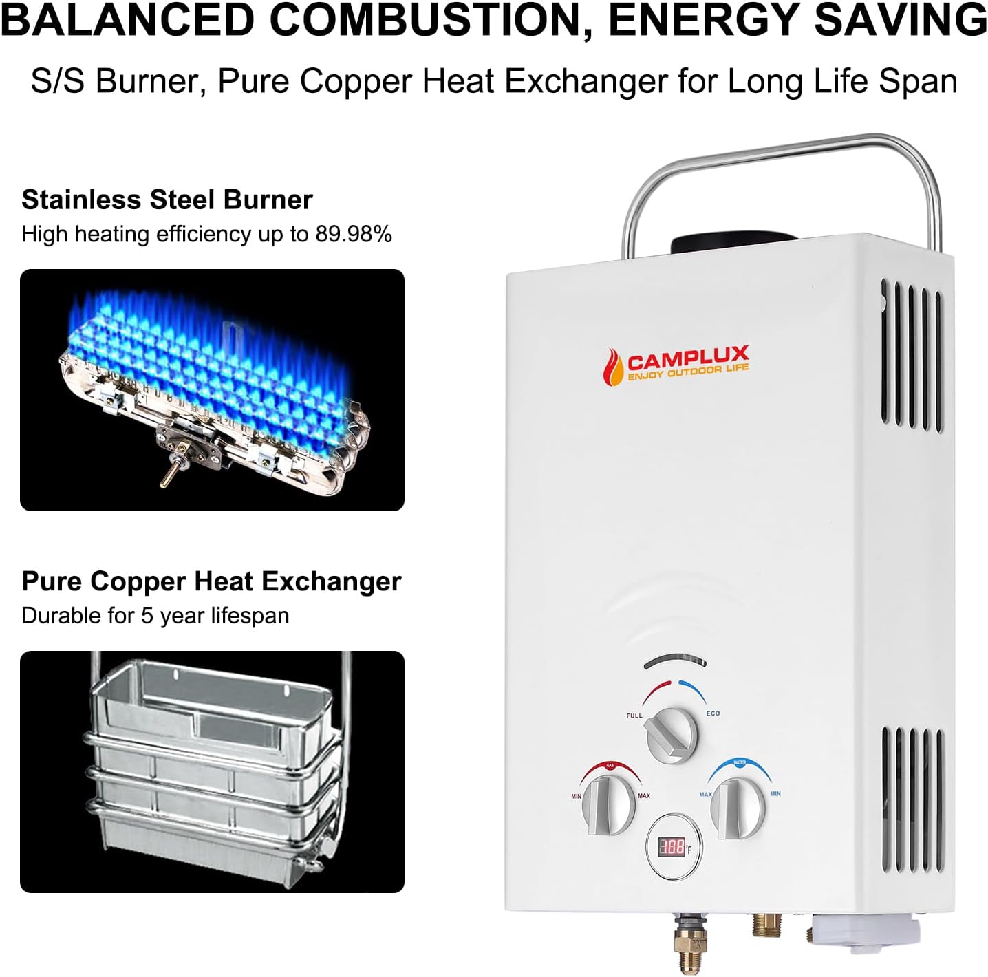 Portable Tankless Water Heater, Camplux 1.58 GPM Propane On Demand Gas Water Heater With Rain Cap