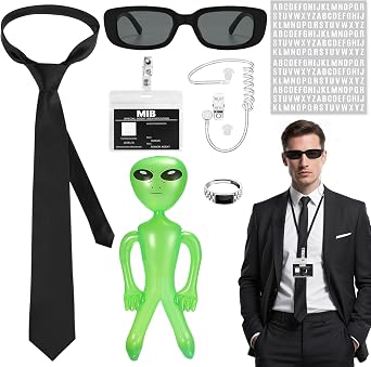 Beamely Agent Costume Accessories Set for Adults, Secret Agent Cosplay Accessories with ID Cards Ring Fake Earpiece Zip Tie Black Sunglasses for Cosplay Party Halloween Carnival Dress up Day