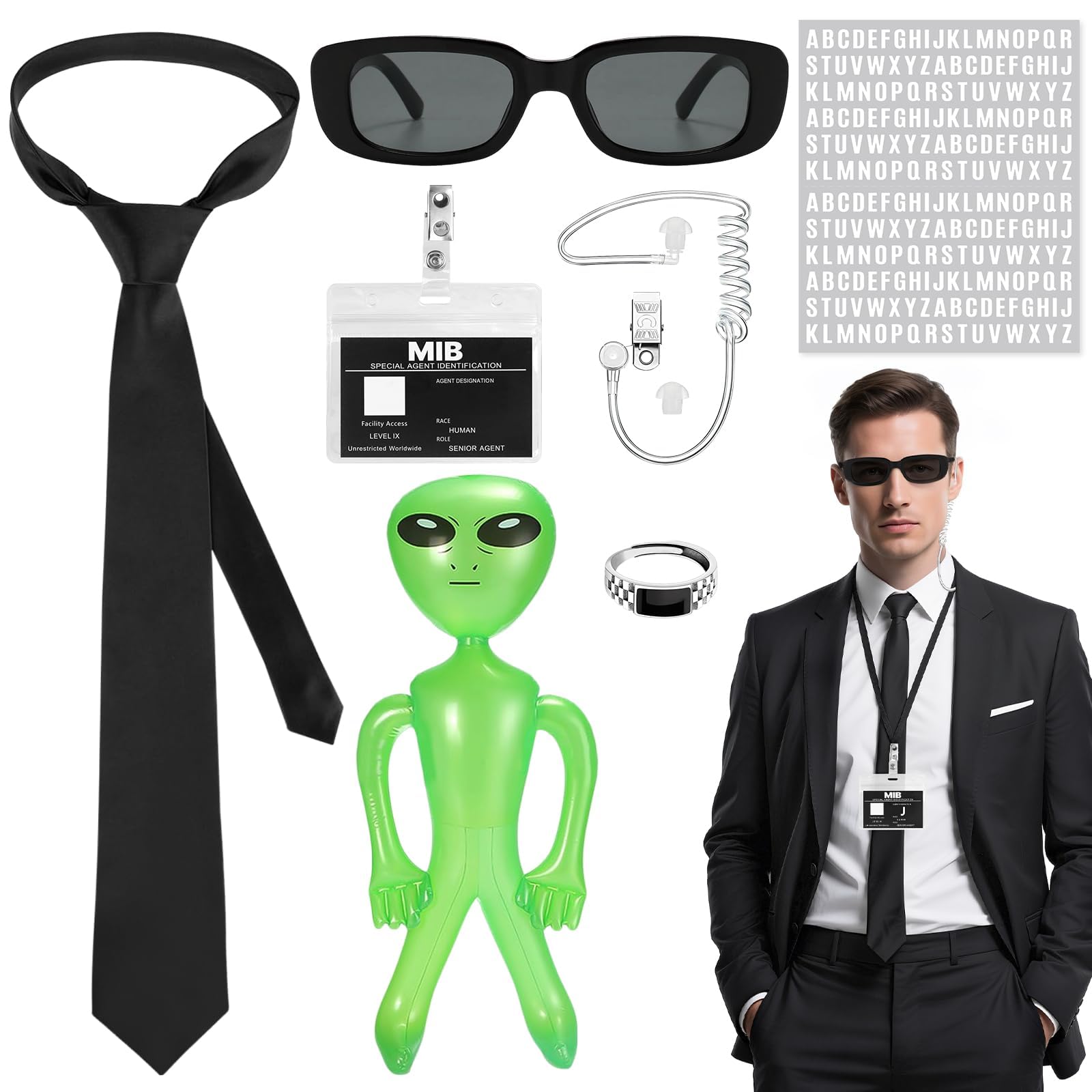 Agent Costume Accessories Set, Secret Agent Dress-Up Kit with ID Card, Black Sunglasses, Fake Earpiece, Zip Tie