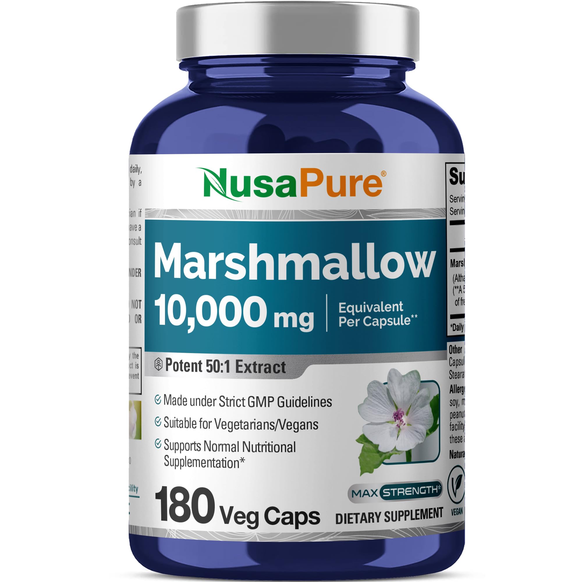 NusaPure Marshmallow Root 50:1 Extract, 200 mg Equivalent to 10,000mg Per Veggie Caps 180 Count (Non-GMO, Vegan) Bioperine