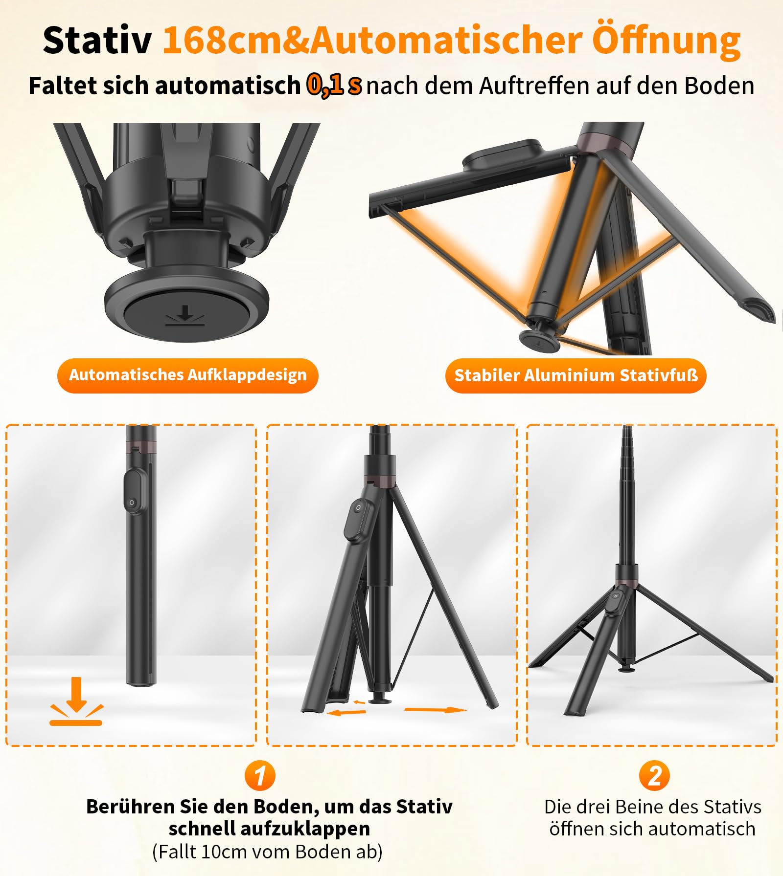 TONEOF 168cm Automatisches Selfie Stick Handy Stativ, Handy Halterung mit Magnetischer Wiederaufladbarer Fernbedienung,360° Drehbar Stativköpfe Ständer mit 2 Rotationsachsen für iPhone/Android–Schwarz