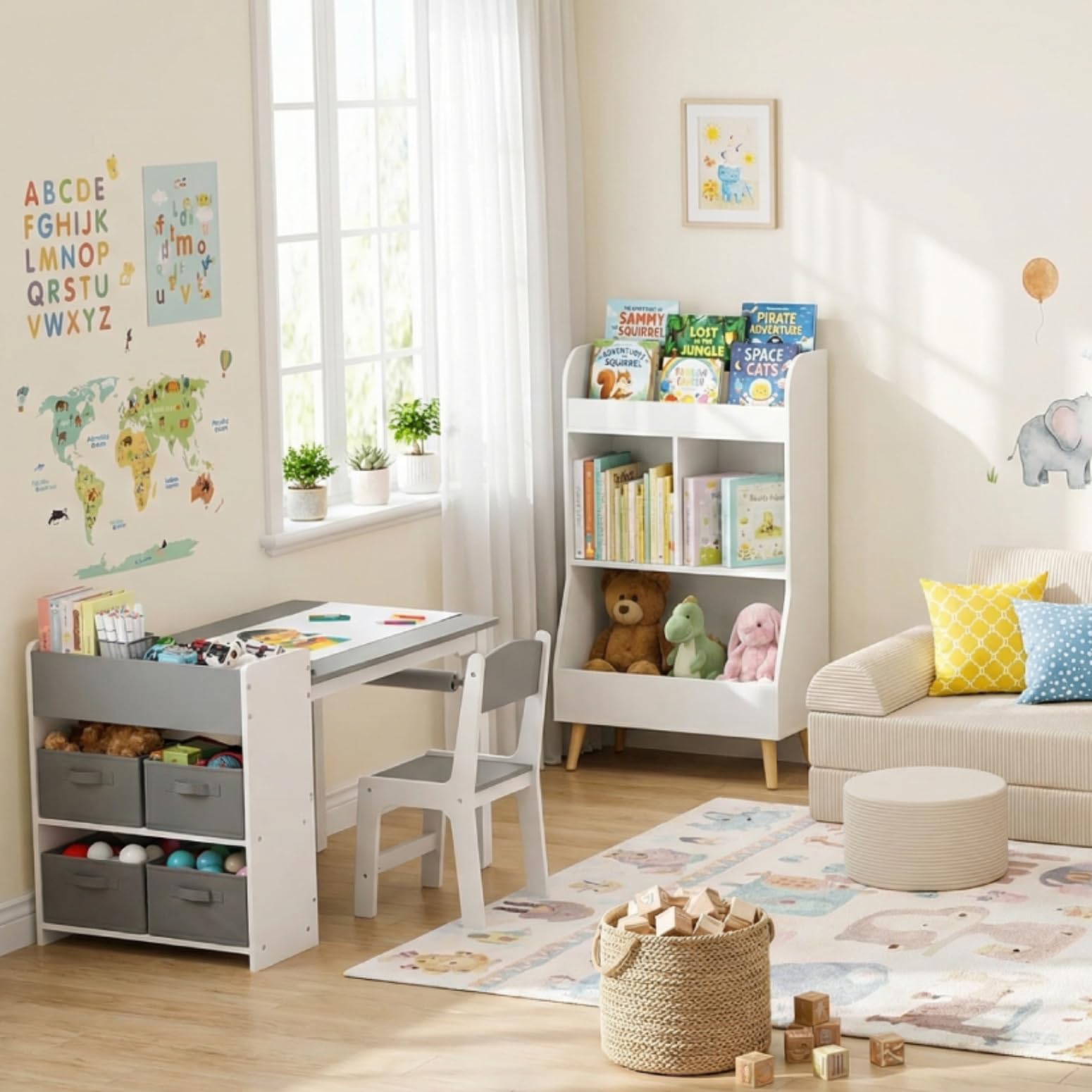 SoBuy KMB50-HG Boekenkast Kinderboekenplank Opbergplank Voor Kinderen Tijdschriftenrek Met 4 Open Vakken En 3 Vakken