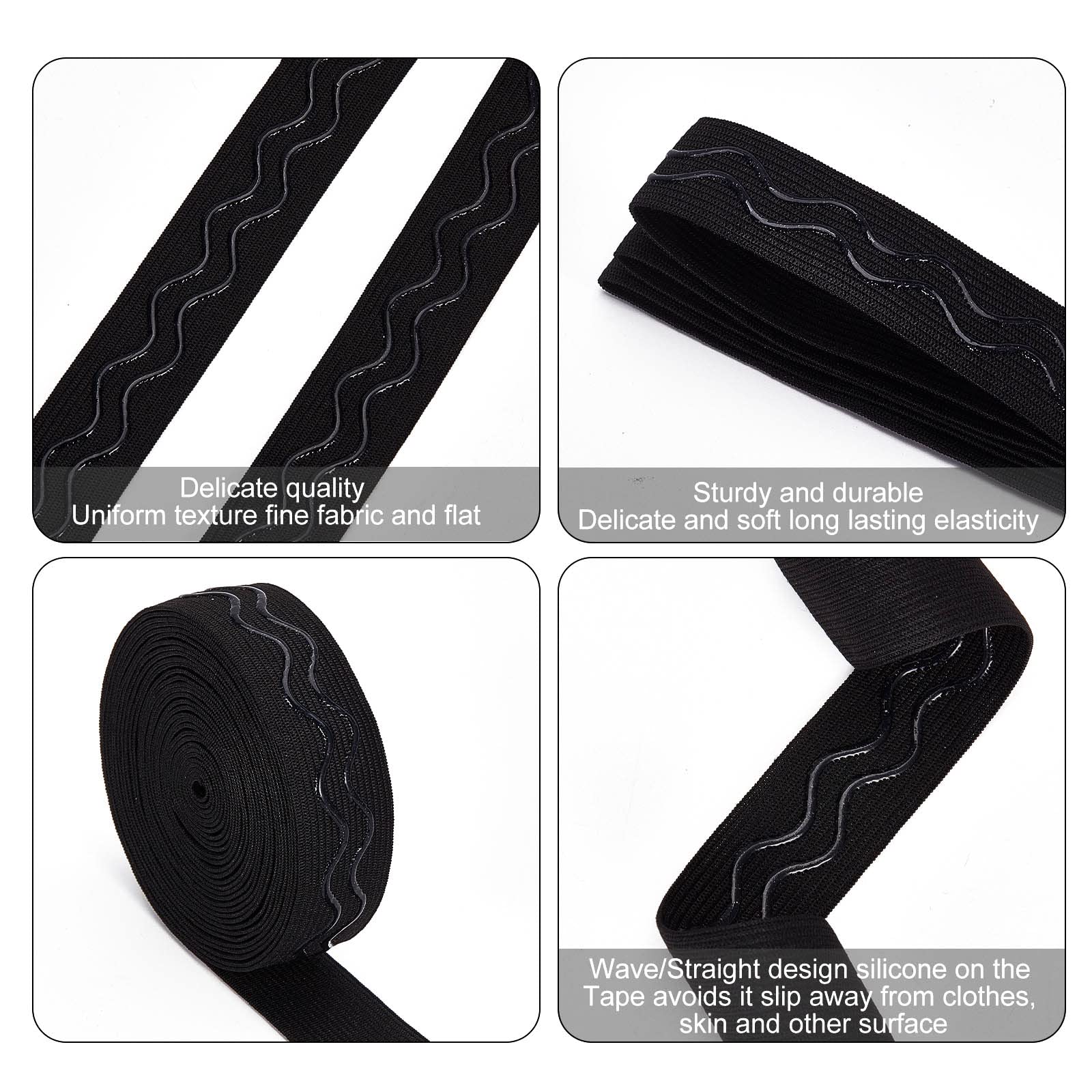 GORGECRAFT 10 Yards Black Non-slip Silicone Elastic Gripper Band 1" 25mm Webbing Soft Tape Waved Rubbers Belt Stretchy Wavy Band Ribbon Roll for Garment Wig Bike Shorts Project Underwear Accessories - Image 4