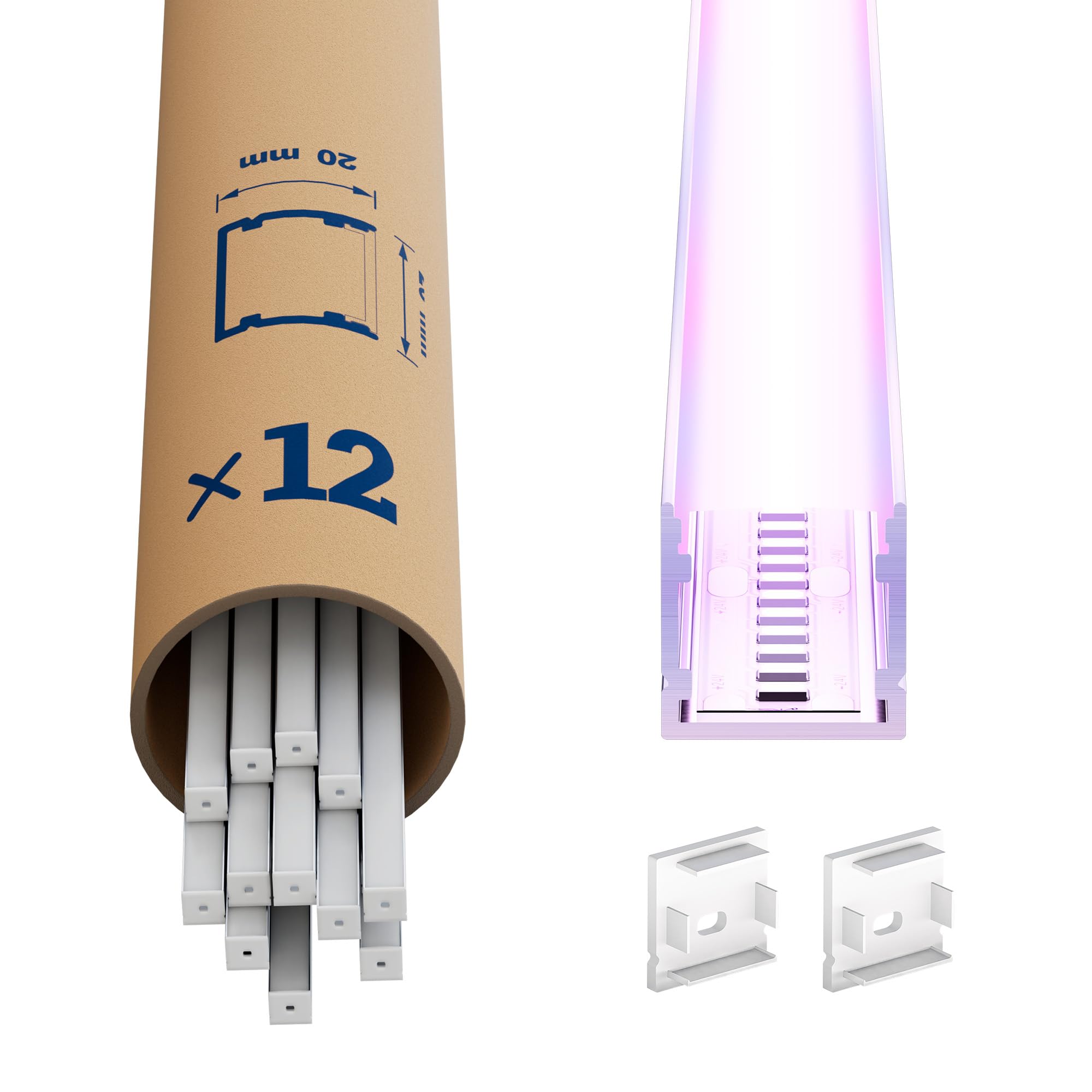 12x Profilo Alluminio per Strisce LED 2M (20mt) - Canalina per Striscia LED con Copertura Opaca - Dimensioni L2000x20 x 20mm - Compatibile con Strisce LED fino a 15mm