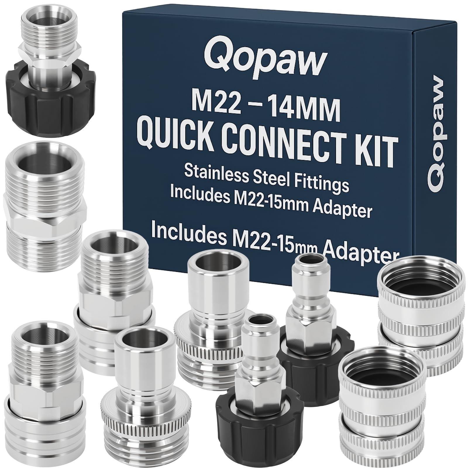Kit adattatore per idropulitrice, 10 pezzi in acciaio inox, set di connessione rapida, M22-14 mm girevole a spina da 3/8", adattatore M22-15 mm femmina a M22-14 mm, raccordi a connessione rapida