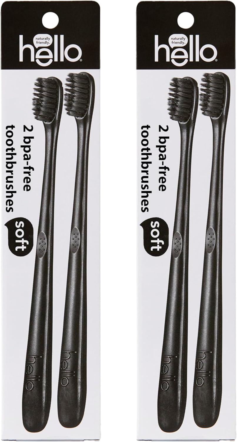 hello Charcoal Soft Toothbrush with Activated Charcoal from Sustainable Bamboo, BPA- Free, Made from Plant-Based Materials, 4 Pack
