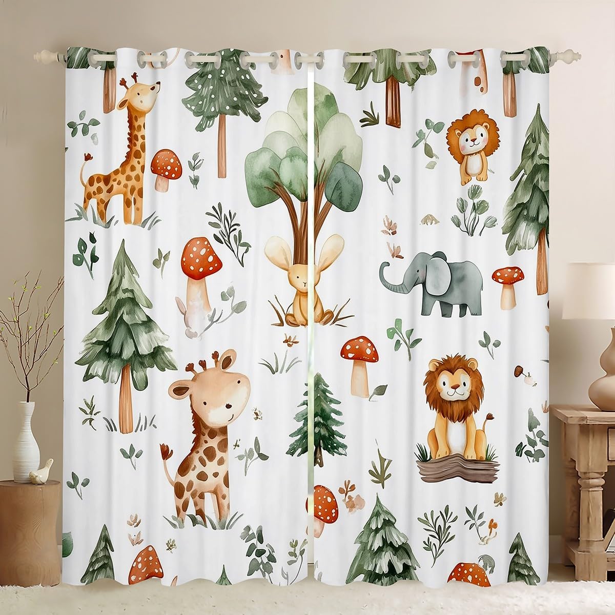 Feelyou Cartoon Zoo Animal Window Curtains for Living Room Cute Lion and Elephant Curtains Blackout for Kids Giraffe Window Drapes Wild Botanical Window Treatments 42W X 90L,2 Panels