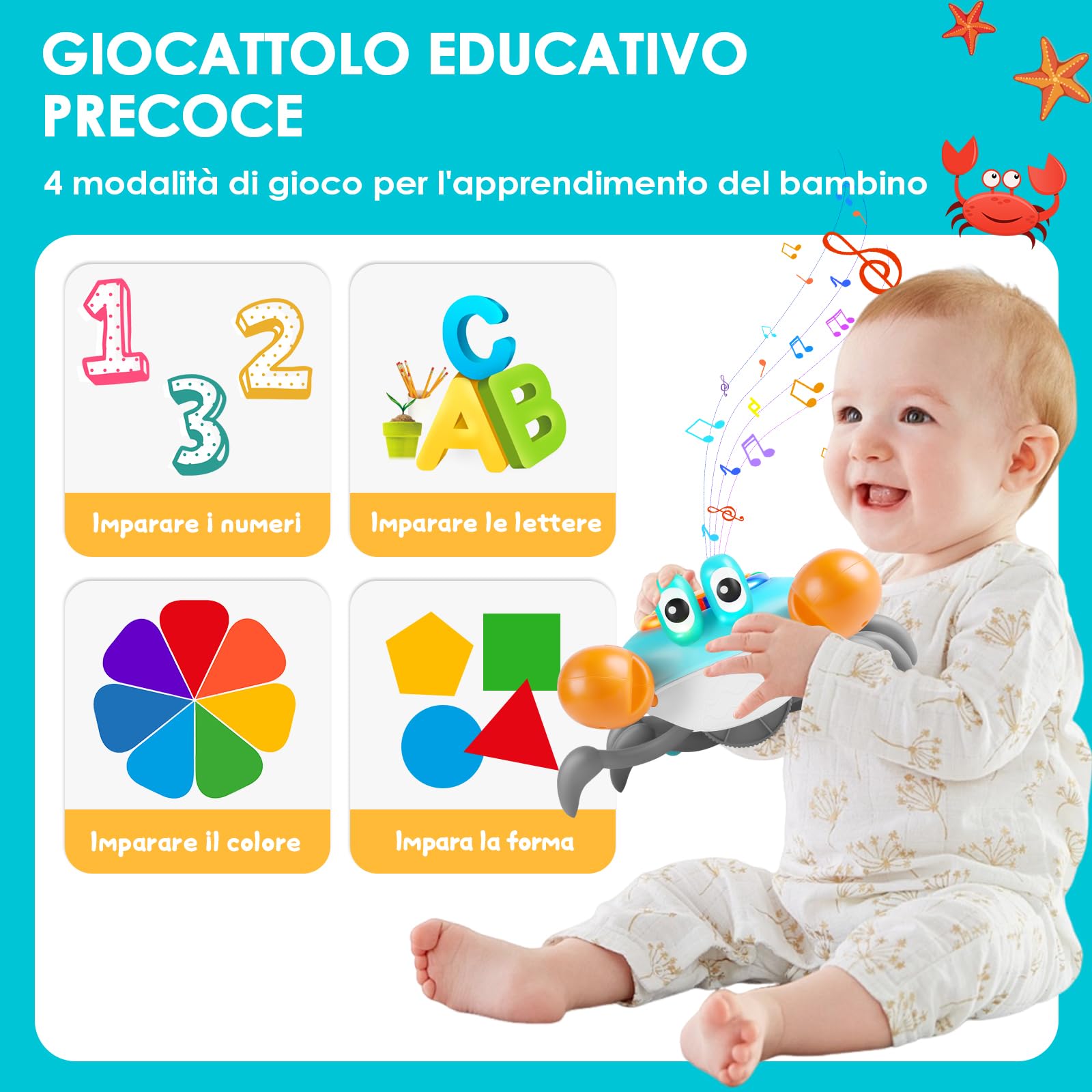 Aragallant Granchio Che Cammina Neonato, Granchio Tummy Time per Neonato dai 3 ai 9 Mesi, Granchio Giocattolo con Musica e Luci, Giochi per Stimolare a Gattonare Regalo per Bambini 1 2 3 4 Anni