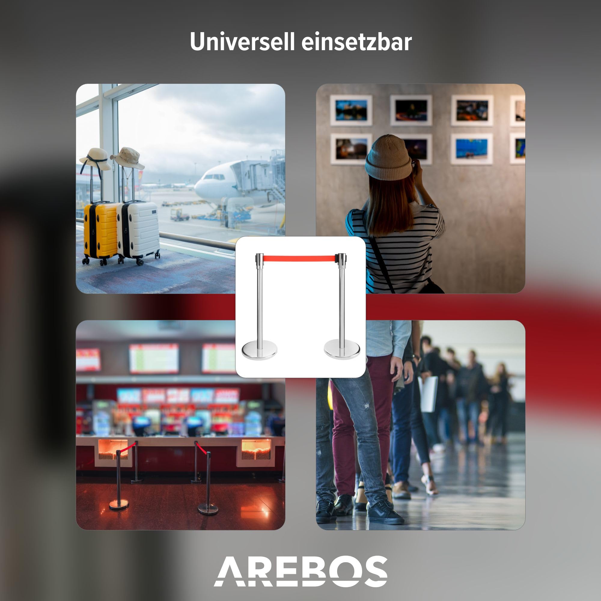 Arebos Personenleitsystem | 2 Stück | Absperrständer | Absperrpfosten | Absperrung ausziehbar | Absperrband ausziehbar | Rot | 190 cm | Edelstahl