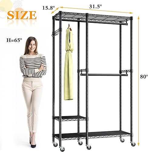 Miniatura 5 de Raybee Perchero de ropa con ruedas, resistente perchero portátil para colgar ropa, perchero de alambre para ropa independiente, color negro, 80