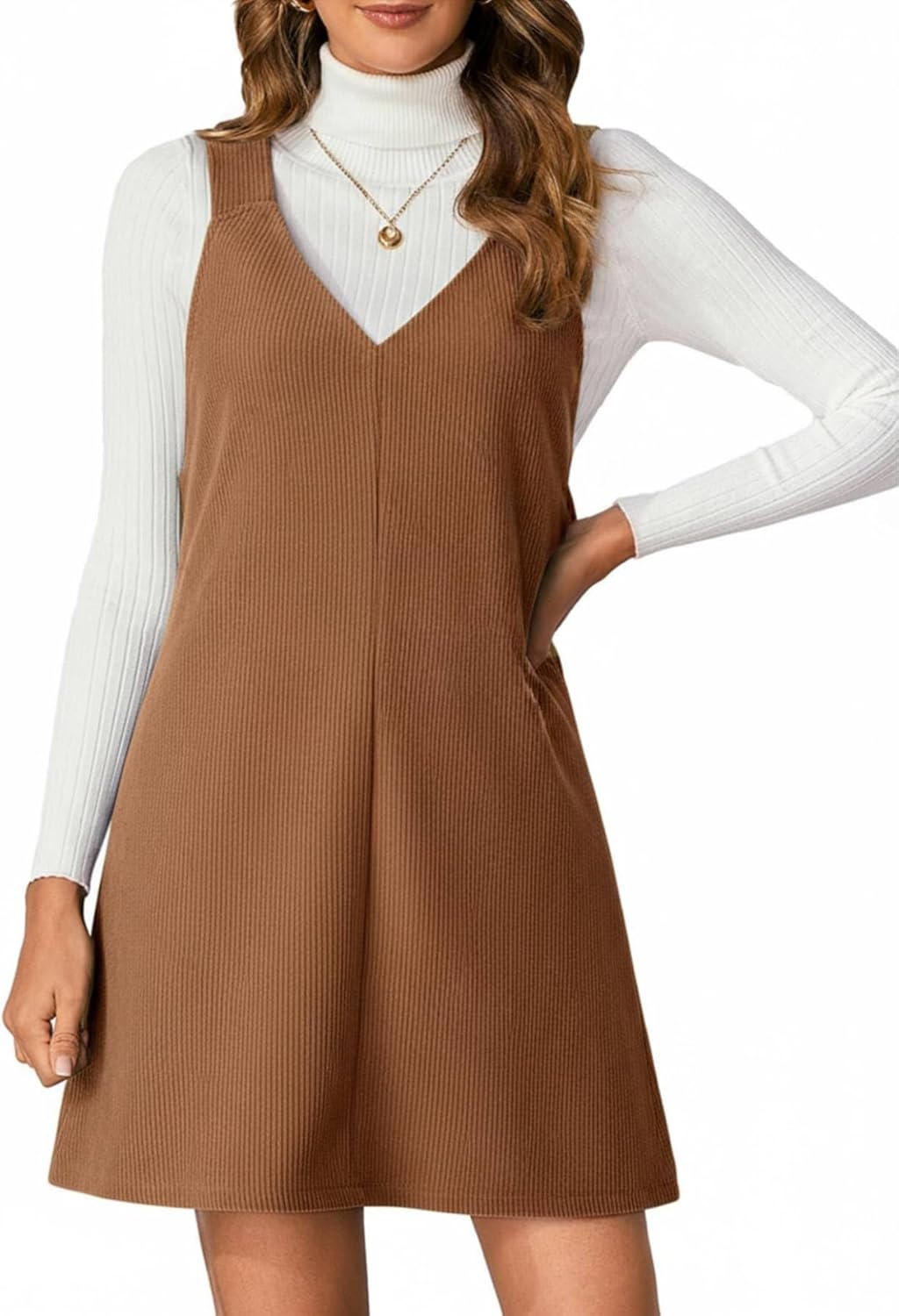Milumia Women V Neck Corduroy Overall Dress 2025 Fall Mini Pinafore Jumper Dress