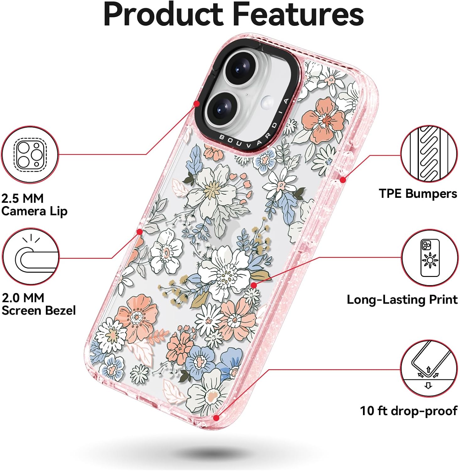 Bouvardia for iPhone 16 Case, Cute Design for Women & Girls, Protective & Aesthetic, Floral Theme - Flowers in Bloom (Pink Bumper) - Image 5