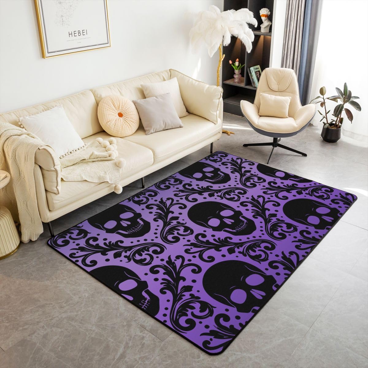 Loussiesd Tapis Salon 100x150cm Crâne Violet Tapis d’intérieur et d’extérieur Gothique Boho Bohème Doux Antidérapant Moderne Goth Damask Imprimer pour Salon et Chambre Lavable