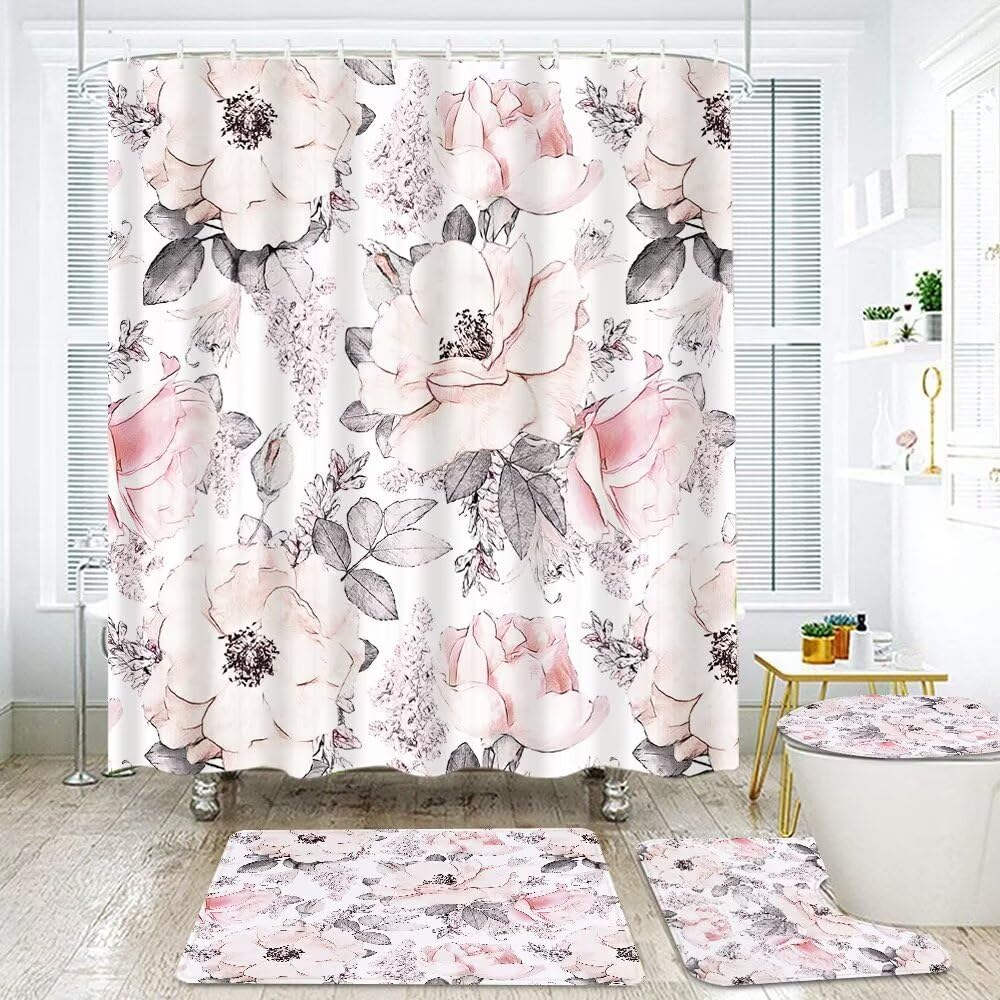 4 Pcs Pink Grey Flower Leaves Shower Curtain Set,Watercolor Retro Blossom Floral Bathroom Sets with Shower Curtain and Non-Slip Rugs,Toilet Lid Cover Bath Cutains for Bathroom with 12 Hooks