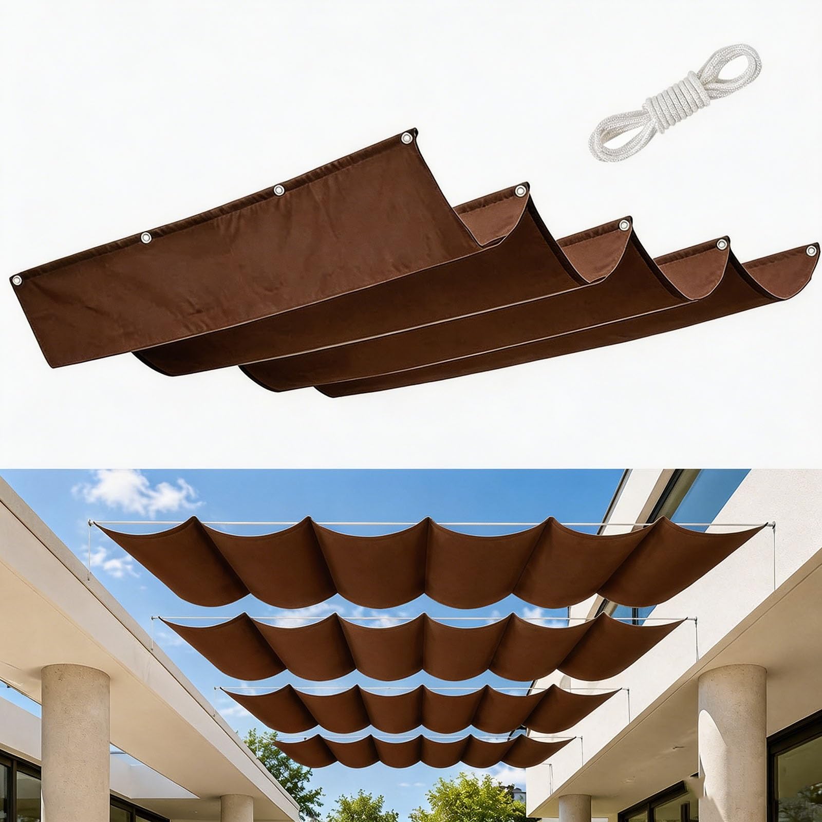 Voile d'ombrage vague rétractable 250x575 cm marron imperméable et anti-UV pour pergola de jardin