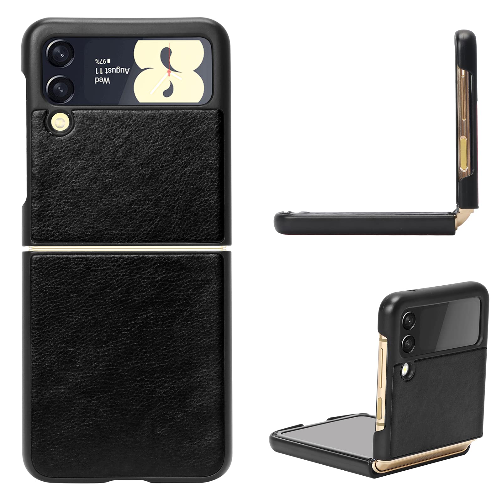 FYY for Samsung Galaxy Z Flip 3 5G Case, PU Leather Pattern Hard Phone Cover Ultra Thin Anti-Drop Protective Case for Samsung Galaxy Z Flip3 5G 6.7 inch 2021 Black