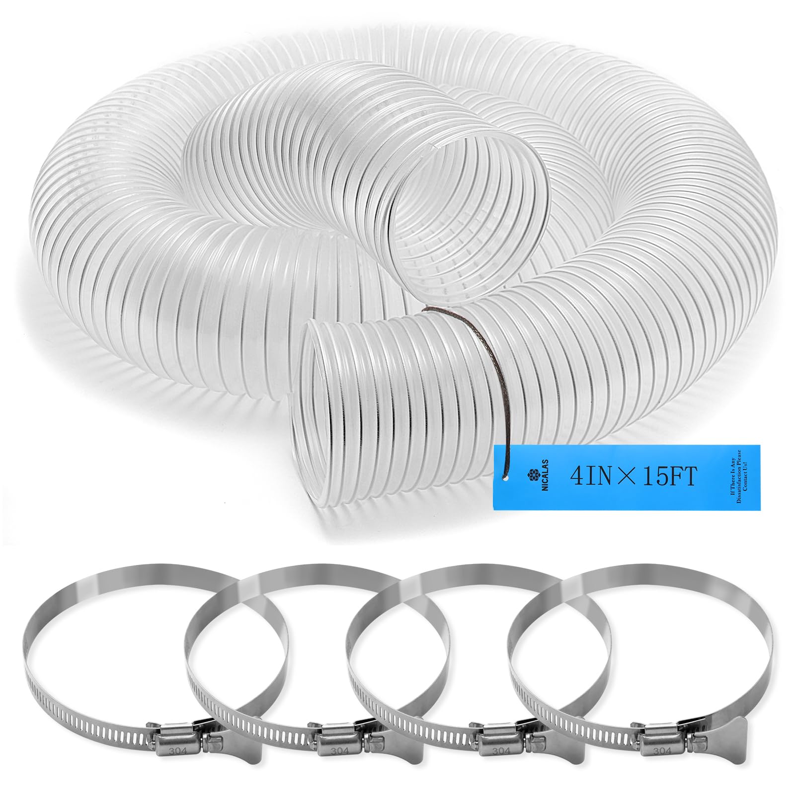 4"x15'Dust Collection Hose,4 Inch Dust Collection Tube with 304 Stainless Steel Hose Clamps,PVC 4 Collector Flexible Tube- Puncture Resistant(4"x15')