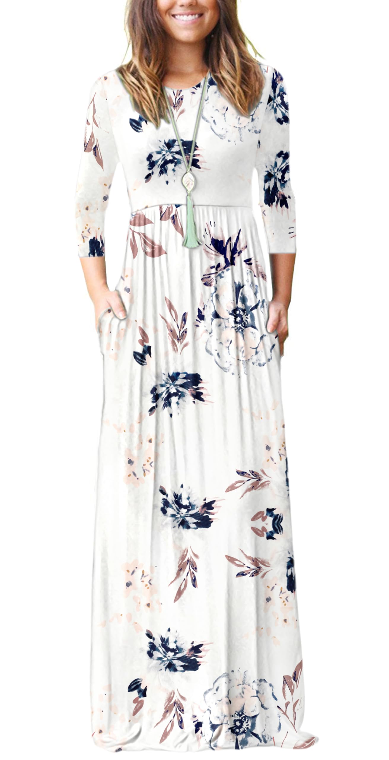 WNEEDU Women's 3/4 Sleeve Casual Loose Long Maxi Dresses with Pocket