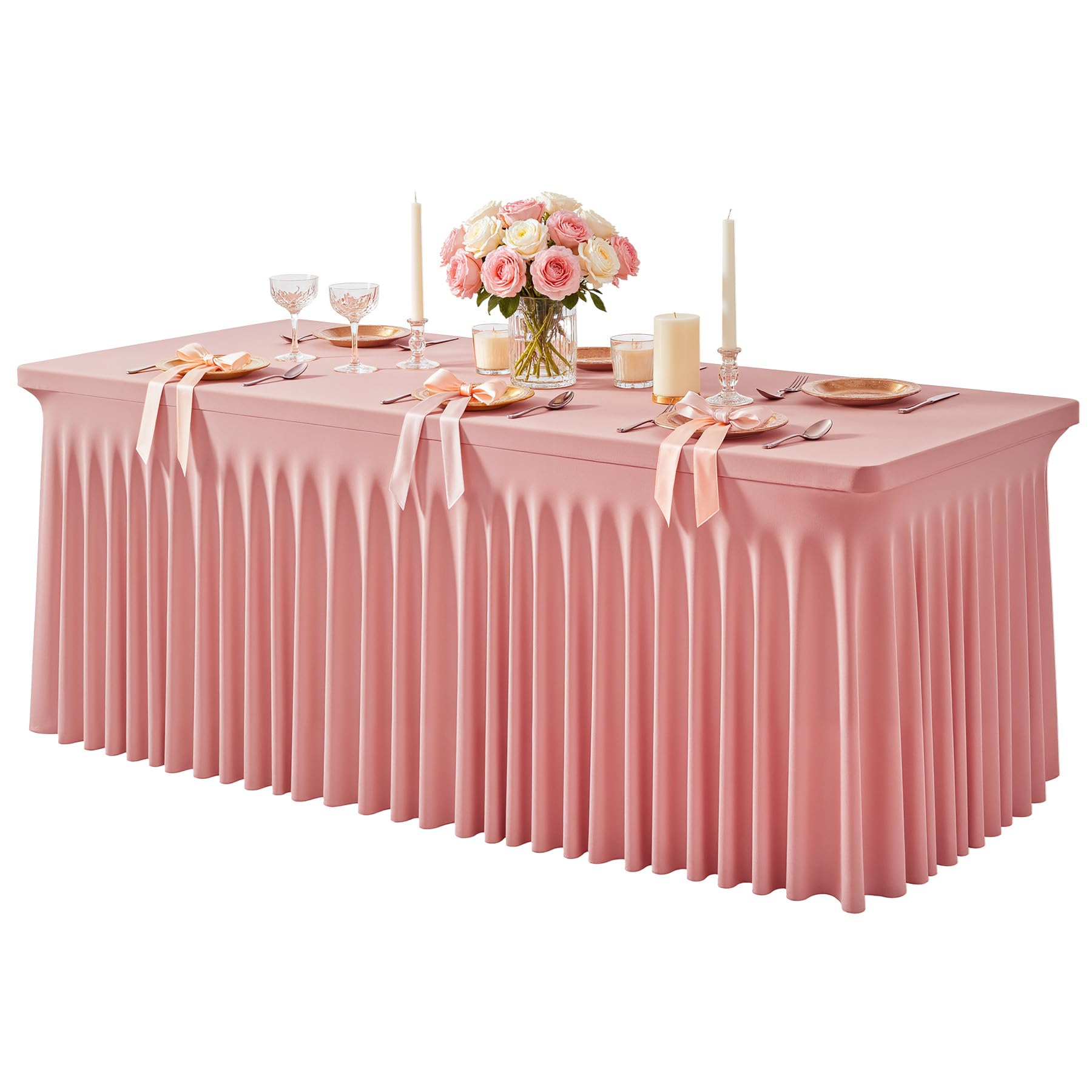 Photo 1 of 1 Pack Dusty Rose Spandex Tableclothes for 4 Foot Rectangle Tables, Wrinkle Free 4ft Fitted Table Cover Stretch Table Cloth Desk Skirt for Weddings Baby Shower Birthday Party Banquet Decorations