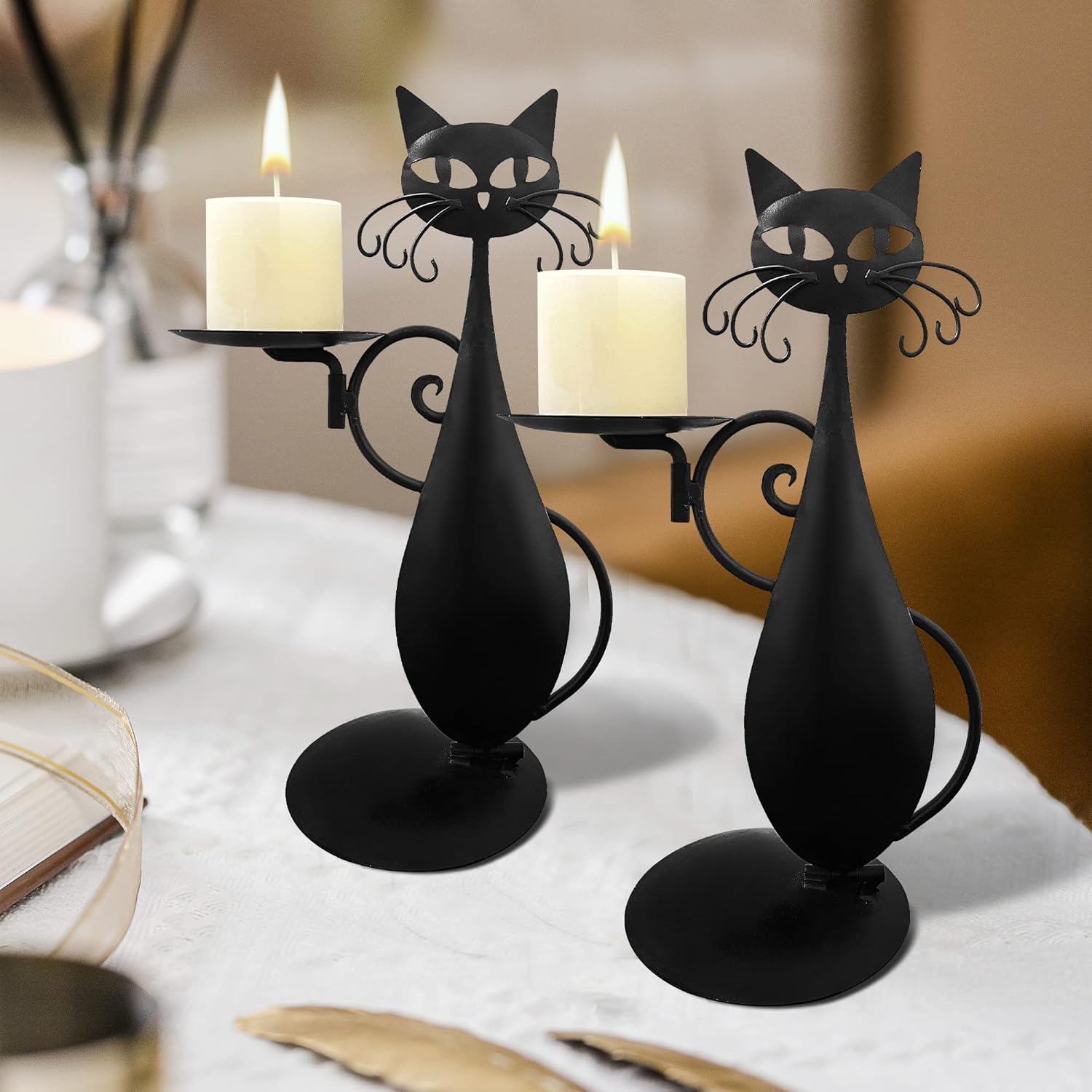 Black Cat Candle Holder for Pillar Candles Led Flameless Candles, Retro Rustic Farmhouse Home Metal Cat Decor Candlestick for Centerpiece, Dining Table, Housewarming Gifts