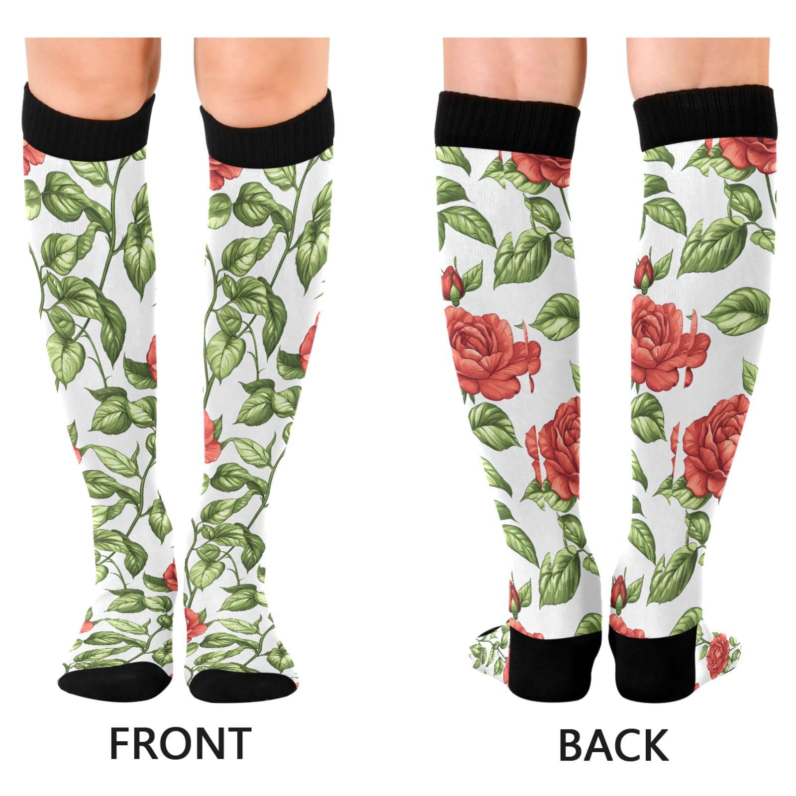 MFTJYO Rose Flower Red Floral Green Leaf Compression Socks for Women Men Circulation Long Knee High Socks for Athletic Sports Running