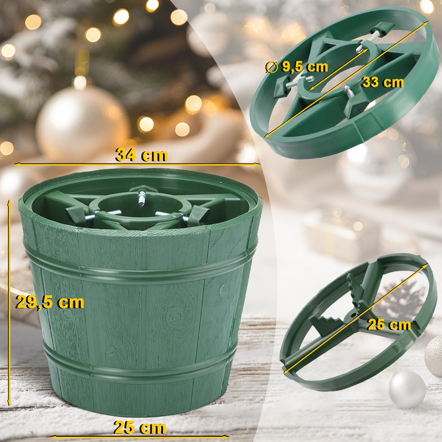 Stojak na choinkę Ø 34 cm | Stojak na choinkę dla drzew o średnicy do Ø 9,5 cm - 2,8 m | Stojak na choinkę z nawozem drzewnym dla stabilnej i trwałej dekoracji świątecznej, wydłuża świeżość drzewa |