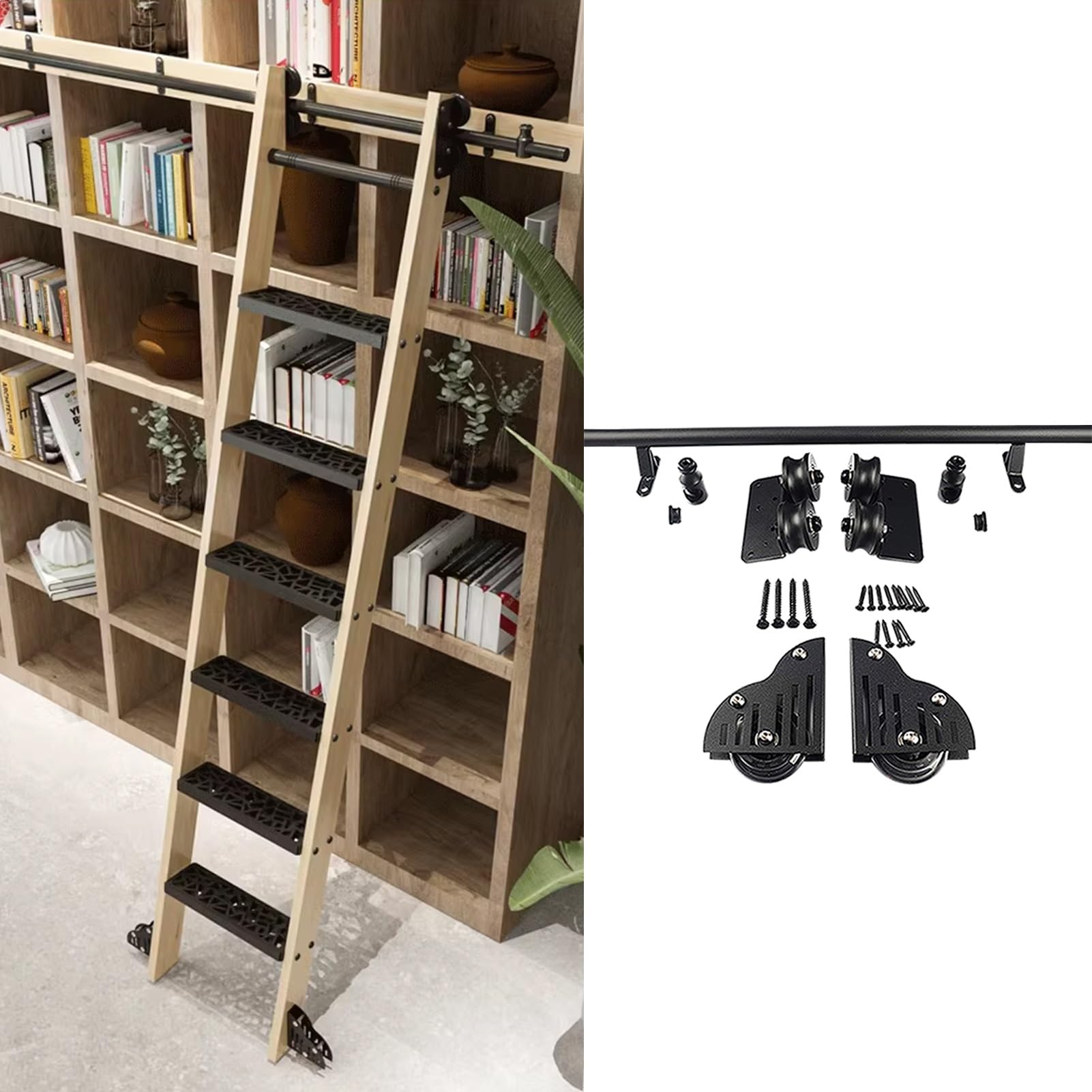 Rails pour échelle de bibliothèque : fixations pour meubles hauts noirs