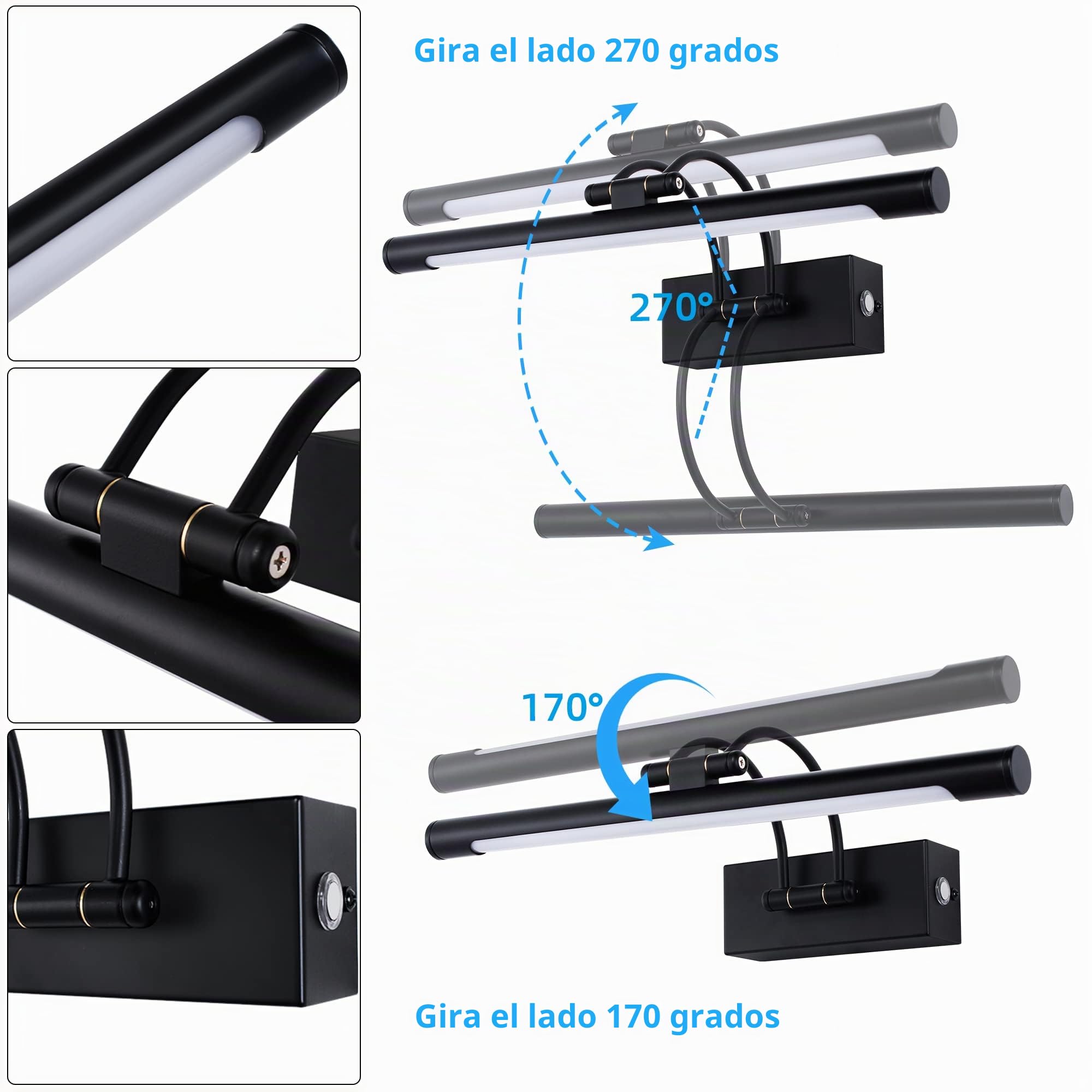 MantoLite LED Regulable Lámparas de Pared 10W,40CM Interior Iluminación para cuadros y expositores Cabeza Giratoria Lectura Lámpara,Negro Baño Espejo Apliques de Pared 3000K/4000K/6000K