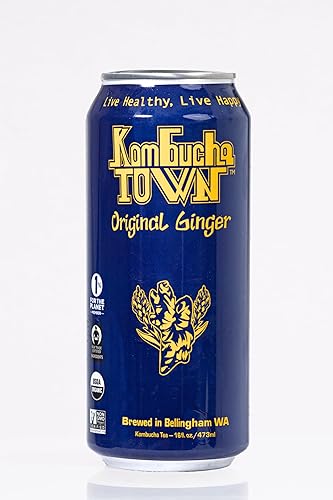 Kombucha Town - Bebida de té orgánico de kombucha Bebida energética espumosa cultivada en vivo Sabor original de jengibre lata de 16 onzas,