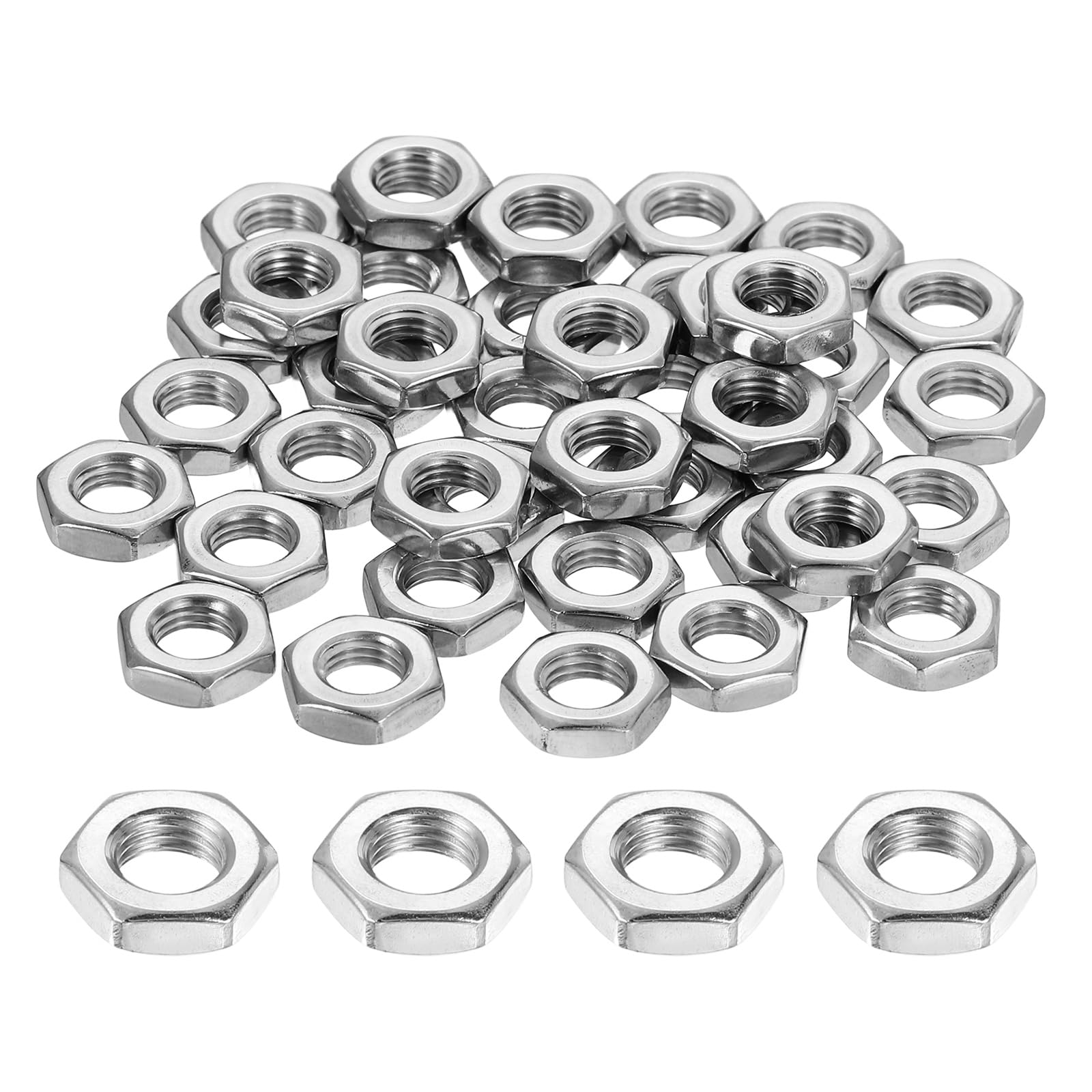 sourcing map M6x0.75mm Hex Nuts, 48Pcs 304 Stainless Steel Metric Fine Thread Hexagon Lock Nuts Fasteners for Machinery Automotive Industrial Use, 10mm / 0.39" Width 3.2mm / 0.13" Height