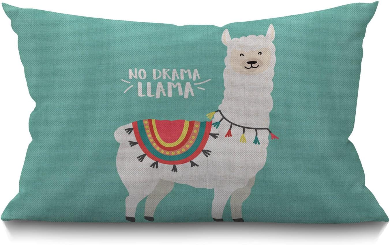 Llama Cushion Cover 30 x 50 cm Cute Cartoon Animal Alpaca Ethnic Cloth No Prob Llama Motivational Quote Rectangle Pillow Cases Home Decorative Cotton Linen Throw Pillow Cover for Bed Sofa Green