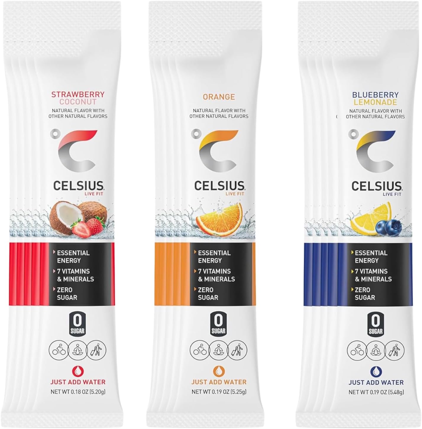 Generic CELSIUS On-the-Go Essential Energy Drink Powder Packet Stick Mix 3 Flavor Variety Pack, Zero Sugar - Strawberry Coconut, Orange and Blueberry Lemonade Pack of 15 (5 of Each Flavor)