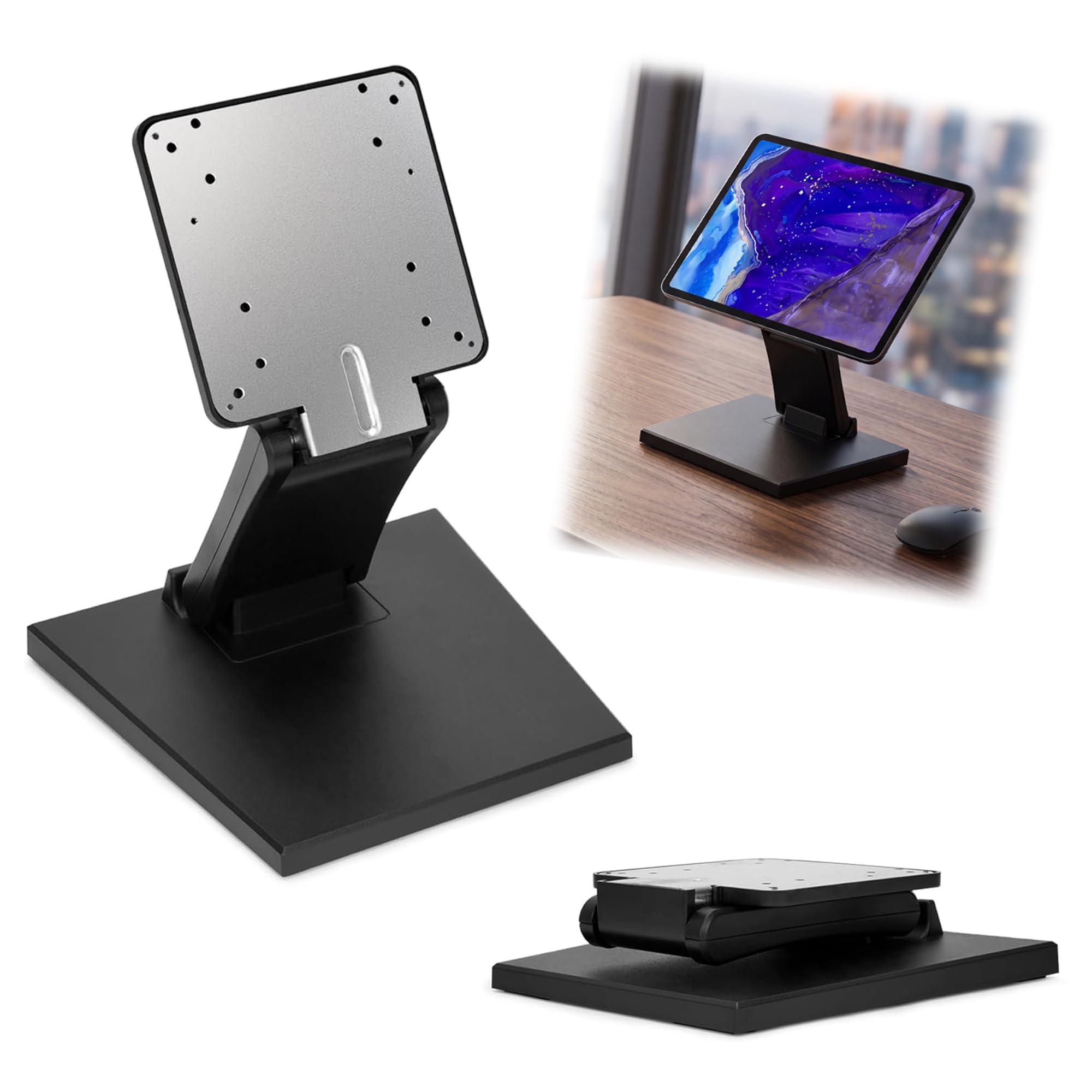 Bimiti - Soporte de pantalla plana plegable soporte para monitor LCD | ajustable de metal, agujero VESA 75 x 75 mm/100 x 100 mm, compatible con pantallas de 10 a 27 pulgadas, color negro