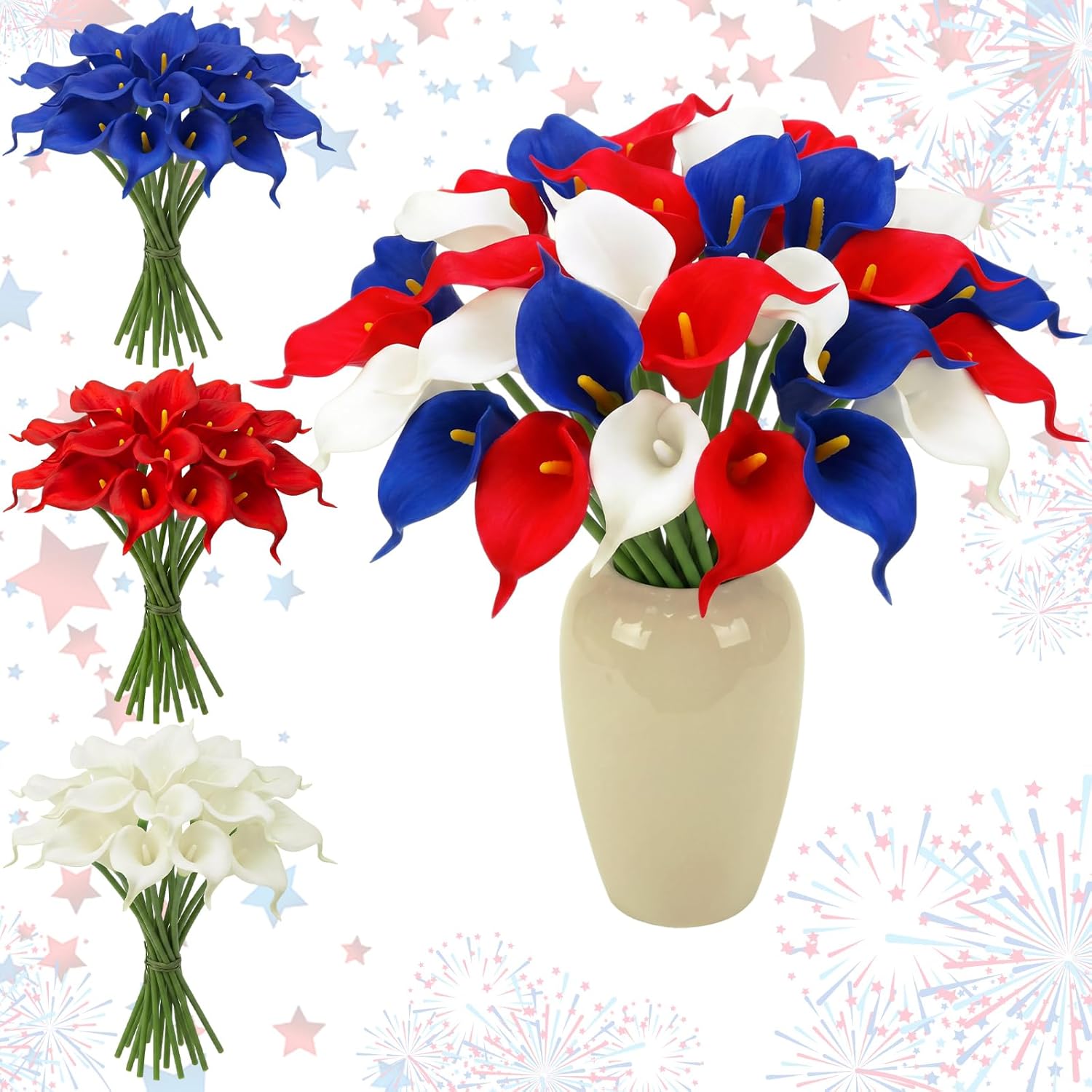 Hoteam 36 Pcs 4th of July Artificial Flowers Red White and Blue Decoration 250th Anniversary Patriotic Calla Lily Picks Decorations Independence Day Memorial Day Table Decor (Red,White,Blue)