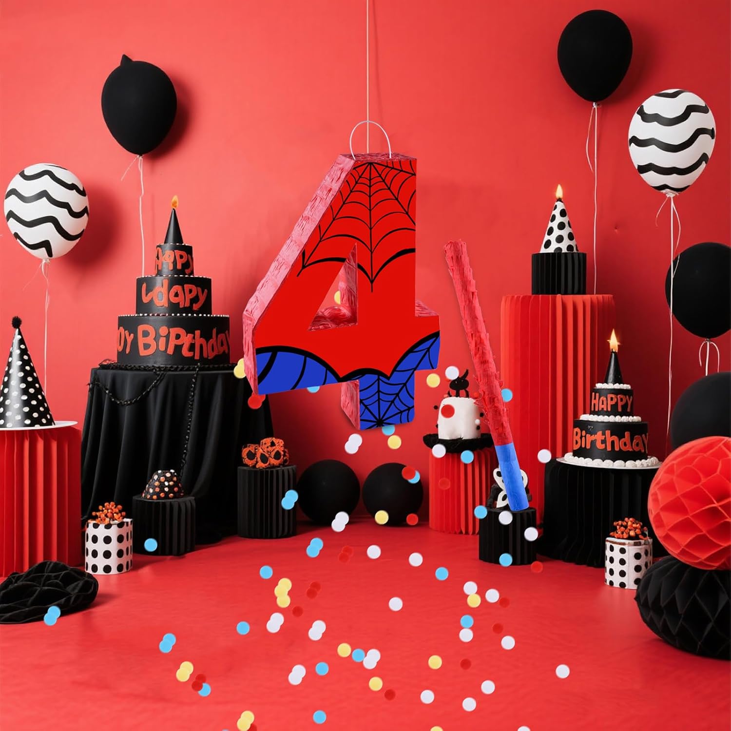 16 Inch Number 4 Spider Web Pinata with 16 Inch Piñata Stick Blindfold Confetti for Boy Girl Kids 4th Birthday Party Decorations (4th)