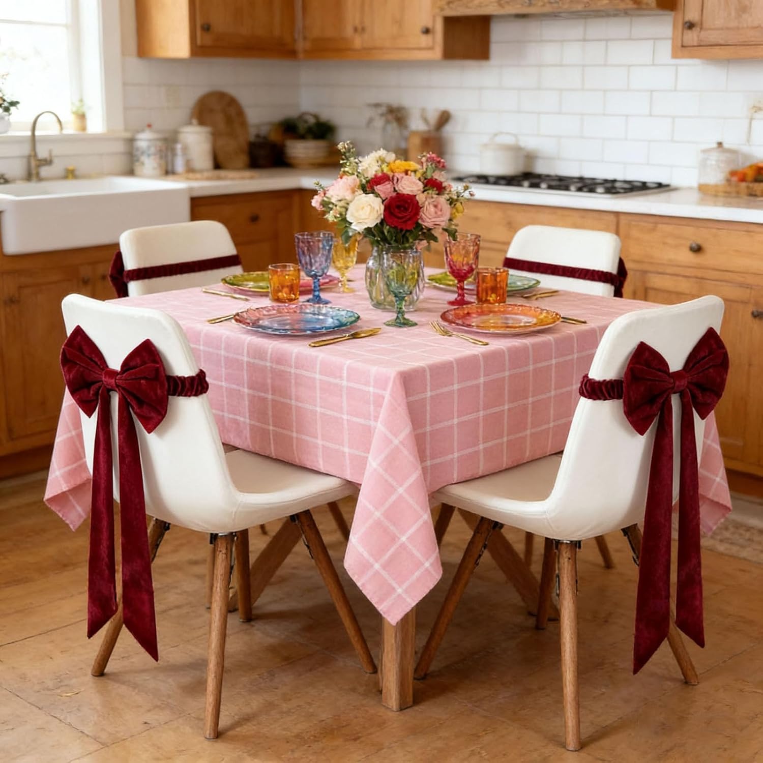 Christmas Burgundy Velvet Chair Sashes, Decorative Bow Tie Back Chair Straps, Universal Washable Chairs Tie for Holiday Banquet, Wedding, Home Party Decorations (3PC)