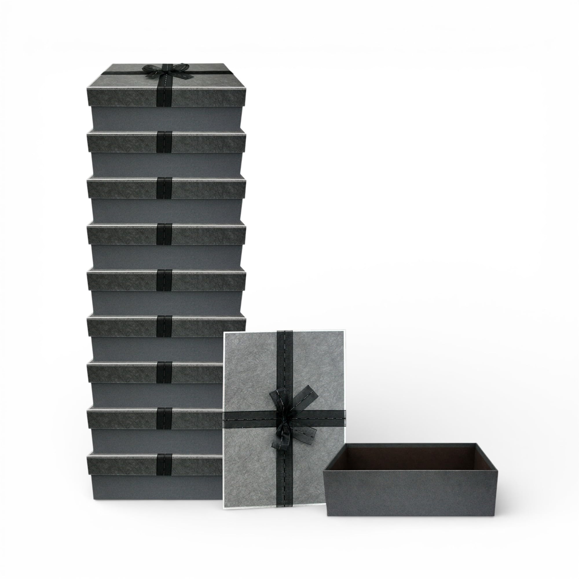 Emartbuy Pack of 10 Dark Grey Rigid Gift Box with Ribbon โ 24.5 x 17 x 6.5 cm Luxury Cardboard Presentation Box | Premium Packaging for Hampers, Birthdays, Weddings, Corporate Gifting