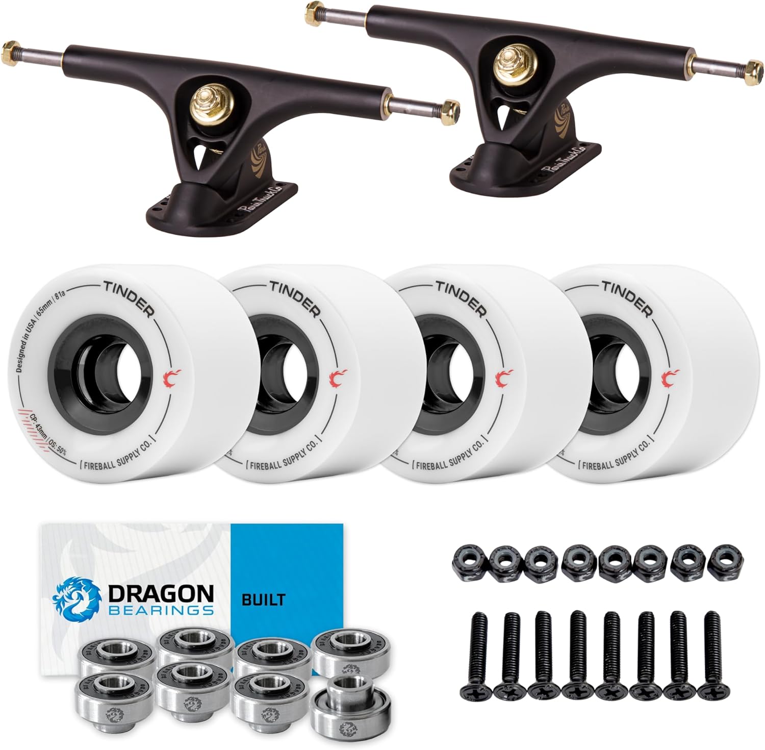 Fireball Paris V2 50° Longboard Skateboard Trucks Bundle - Set of 2 Longboard Trucks with Tinder 60mm Longboard Wheels & Bearings for Cruising & Carving