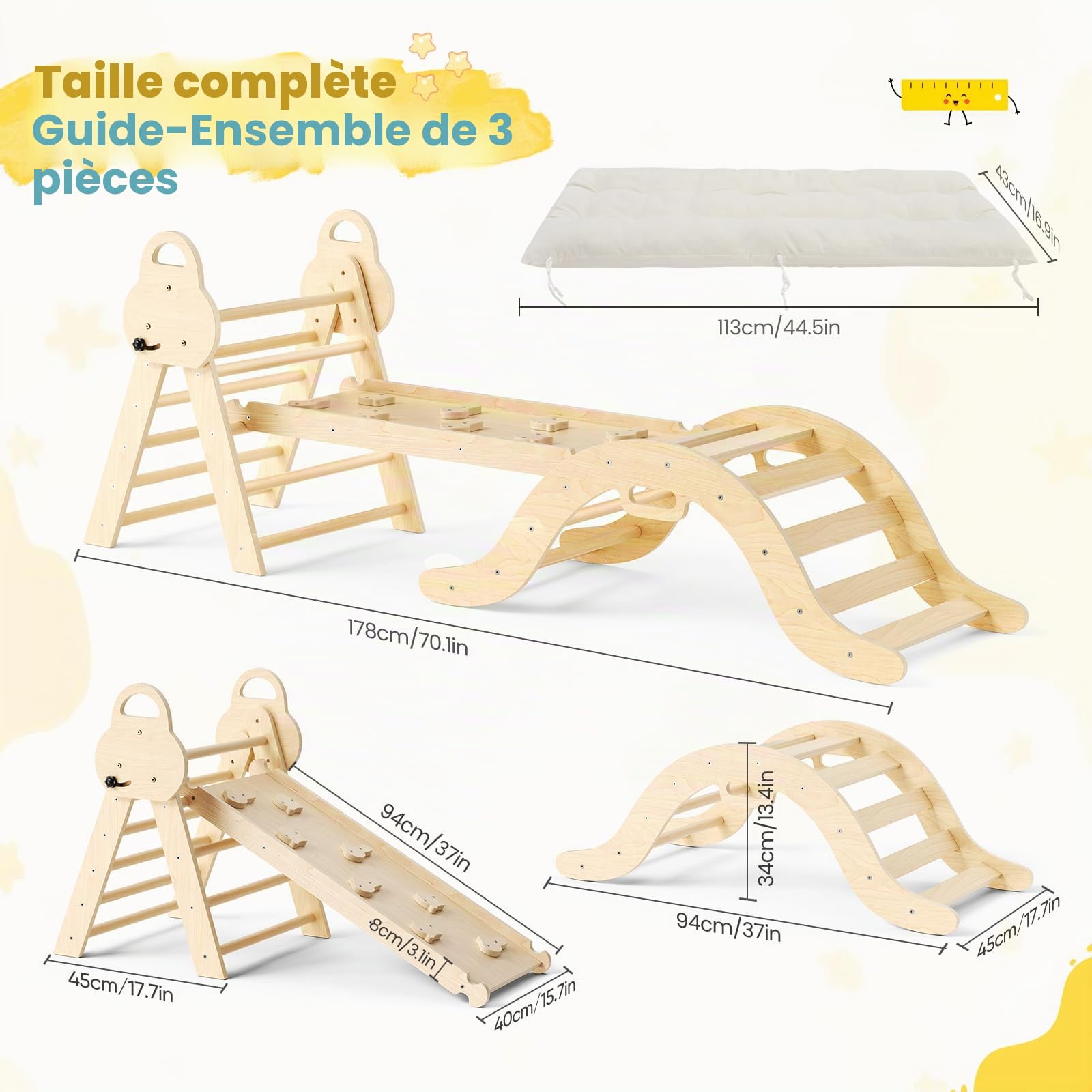 Kit de portique d'escalade Montessori 7 en 1 : triangle d'escalade d'intérieur, arche d'escalade avec coussin et toboggan, jouet d'escalade en bois, structure d'escalade pour 1 à 5 ans (3P avec