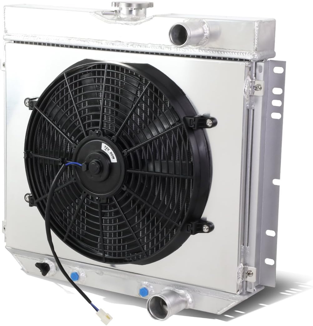 Auto Dynasty Aluminum Radiator Fan Shroud Assembly Compatible with 1963-1970 Ford Mustang/Country/Squire, 3-Row Aluminum Radiator + 12V Fan Shroud