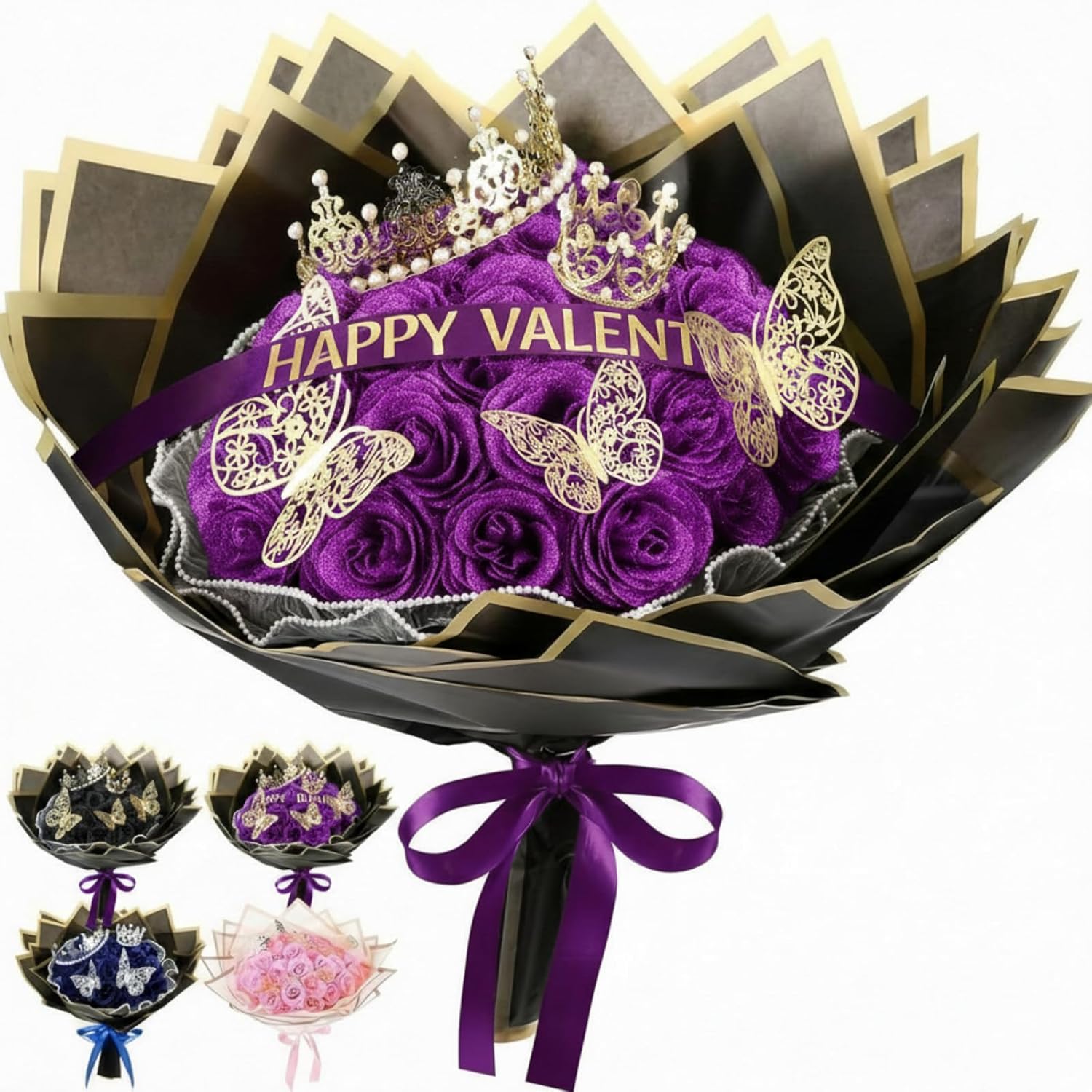 Glitter Roses Bouquet Gifts Artificial Rose DIY Flower Bouquet Kit Birthday Gifts Flower Wrapping Paper 3D Butterflies Crowns for Mother Anniversary Graduation(Royal Blue,36 Pcs)